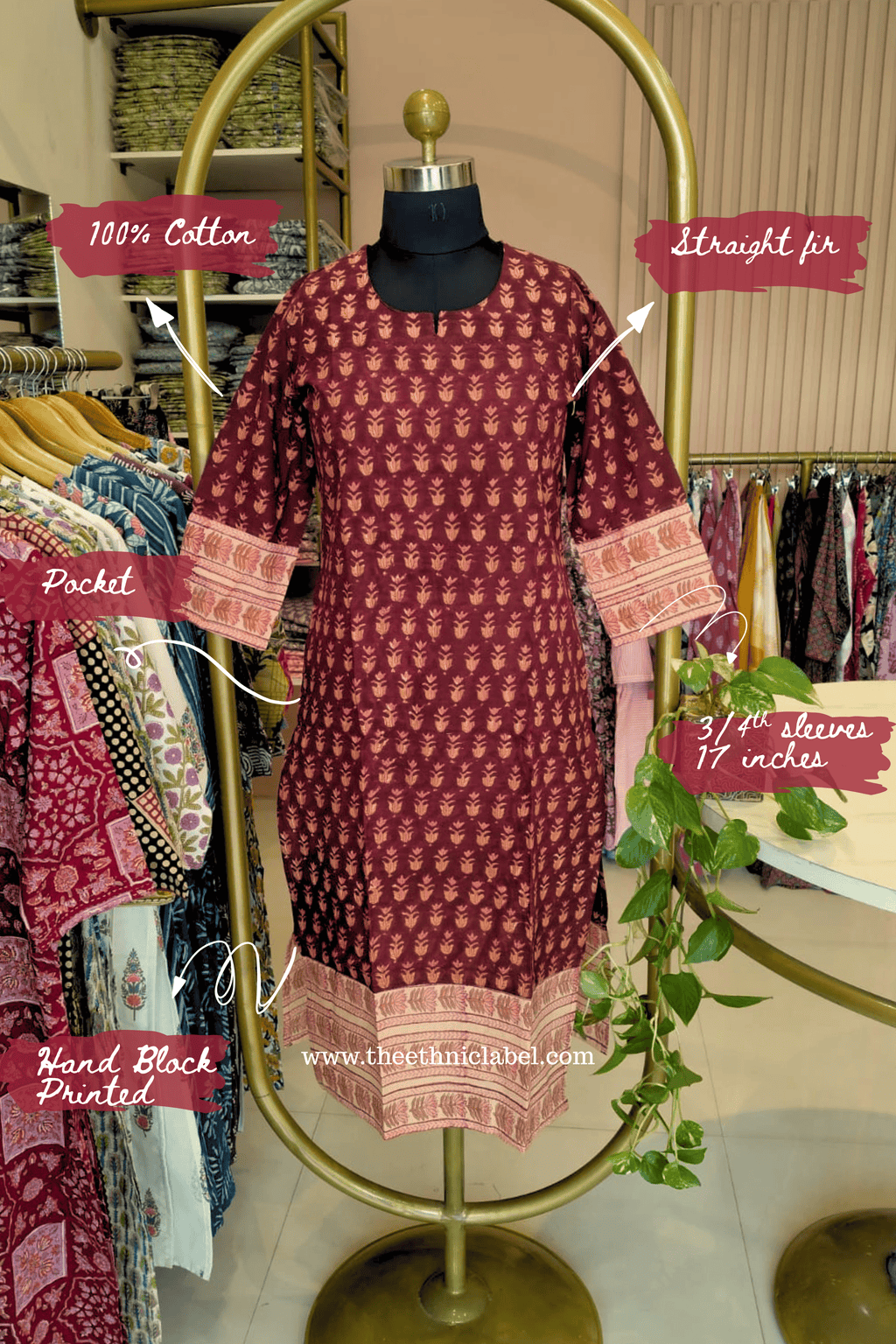 "Raunak" Hand Block Printed Maroon Cotton kurta