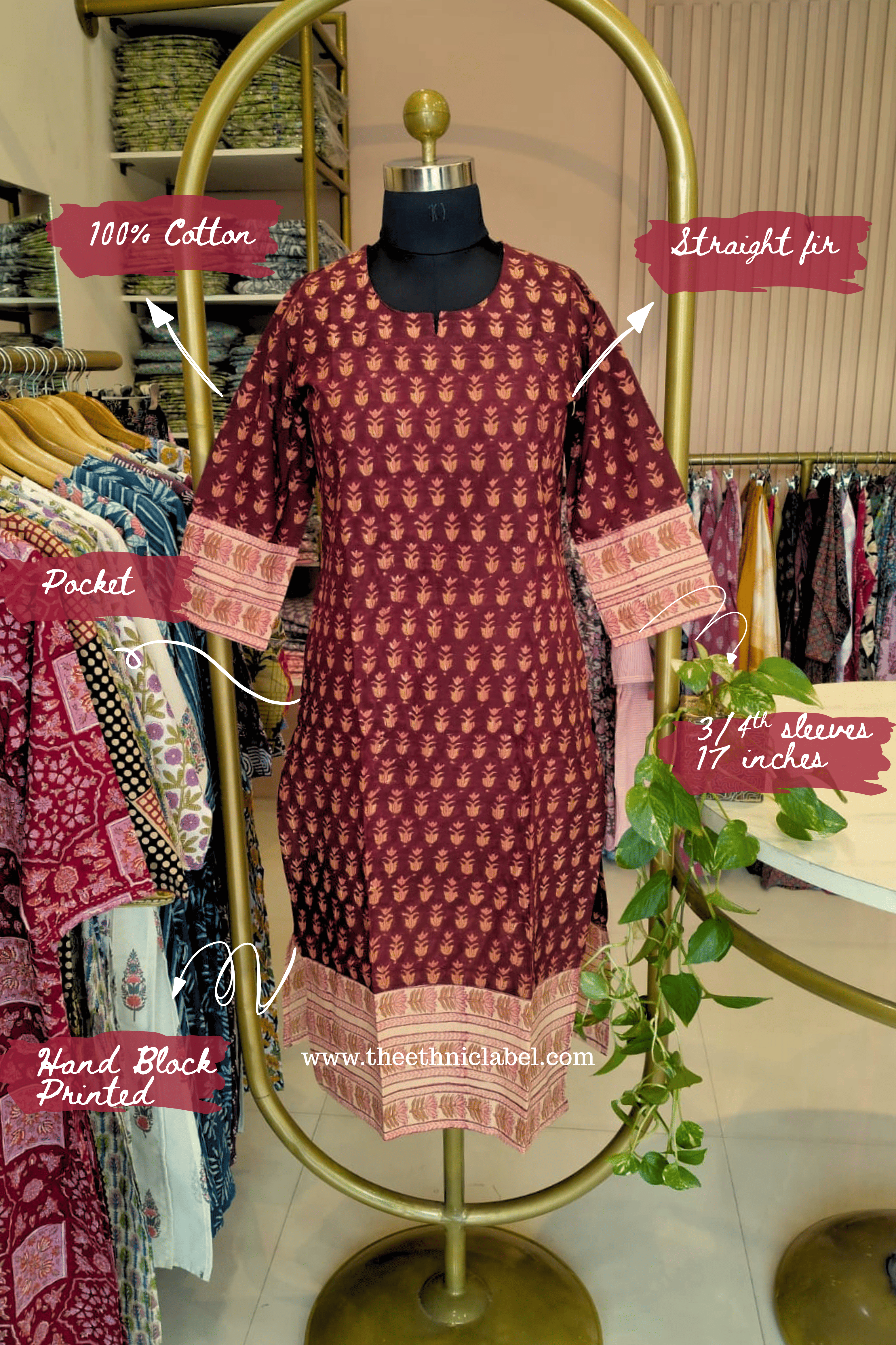 "Raunak" Hand Block Printed Maroon Cotton kurta