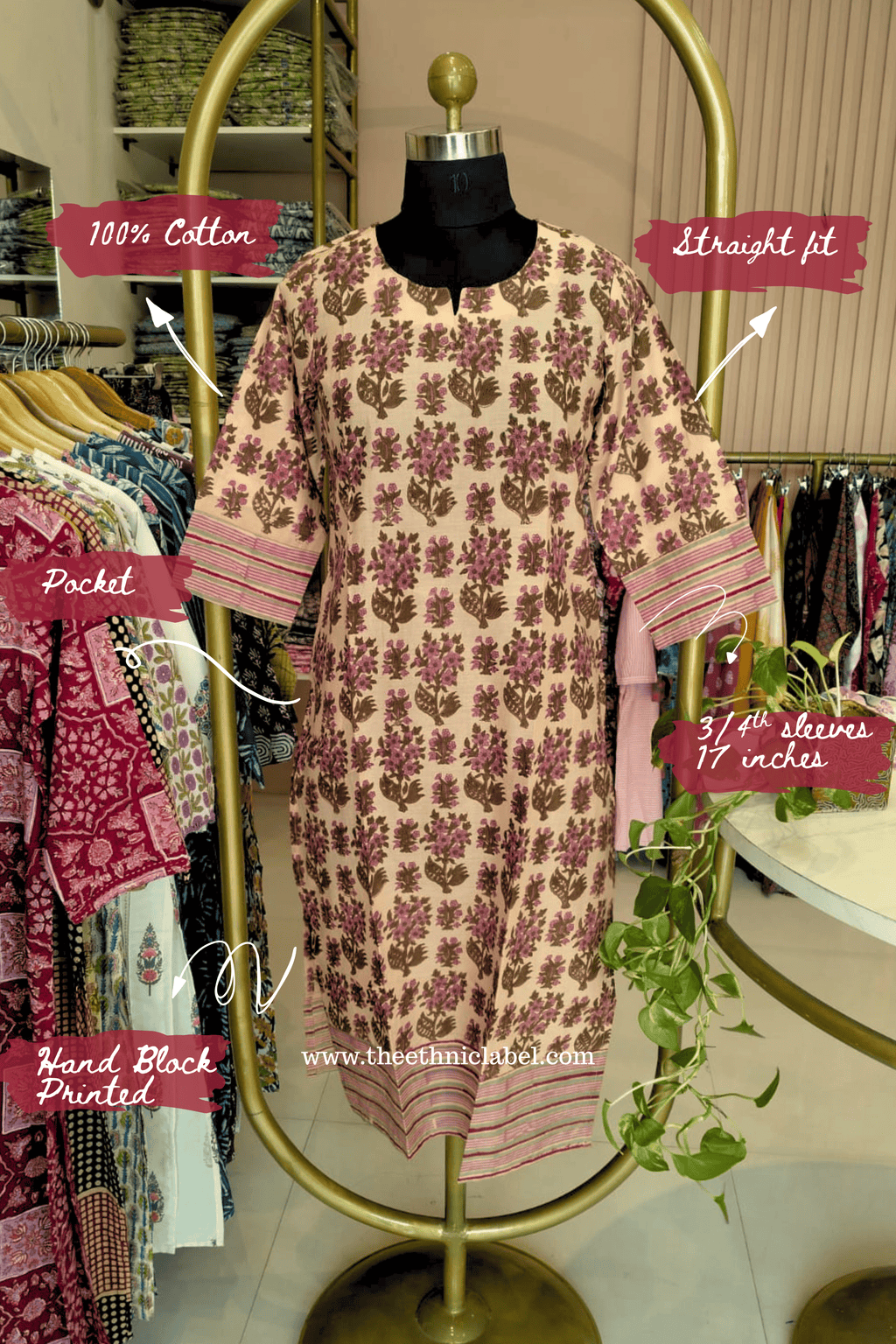 "Nishat" Hand Block Printed Peach Cotton kurta