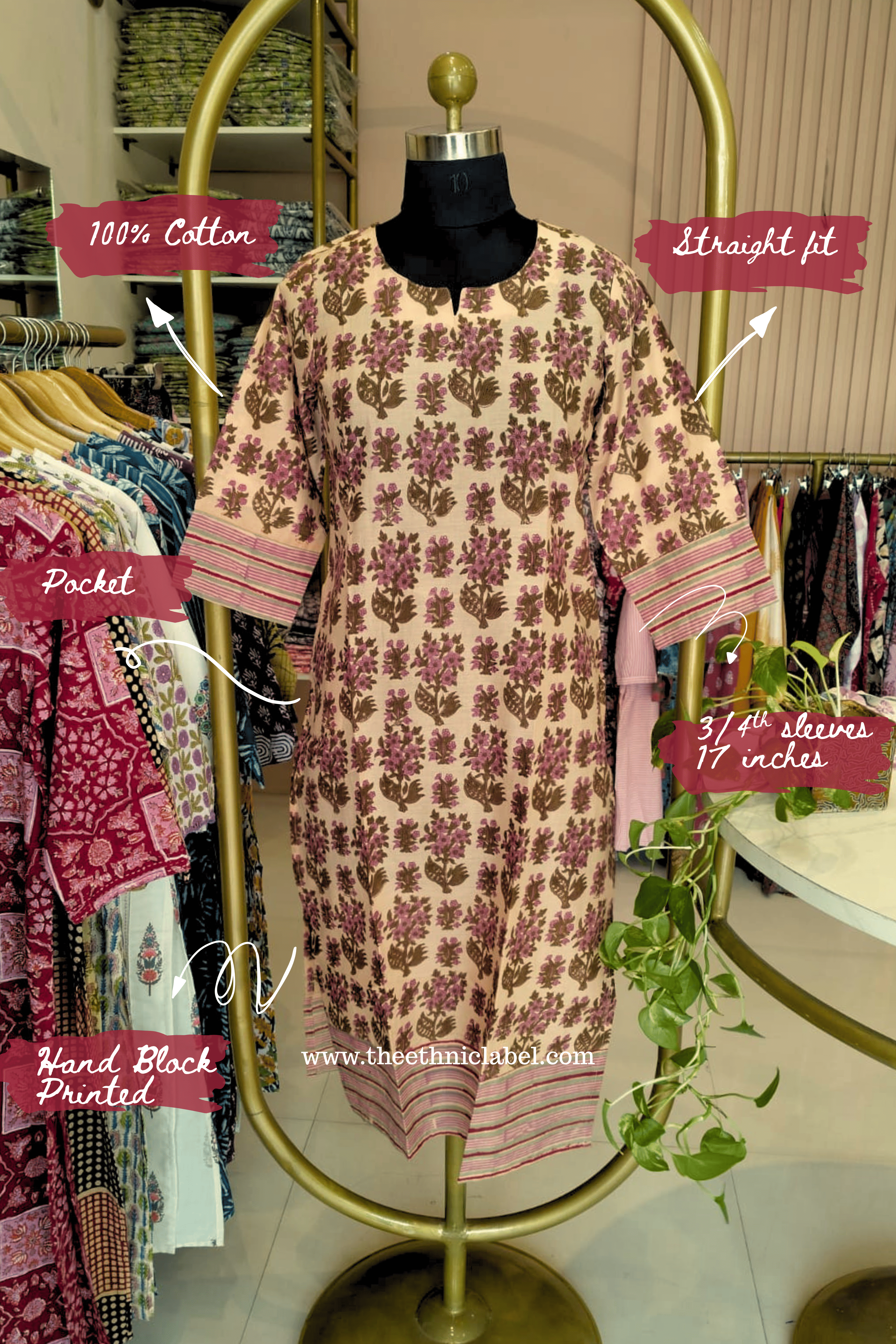 "Nishat" Hand Block Printed Peach Cotton kurta