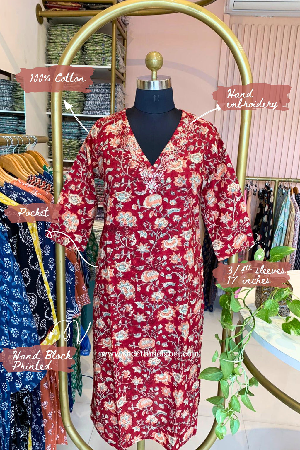 Naqsh Hand Embroidered Block Printed Red Cotton kurta