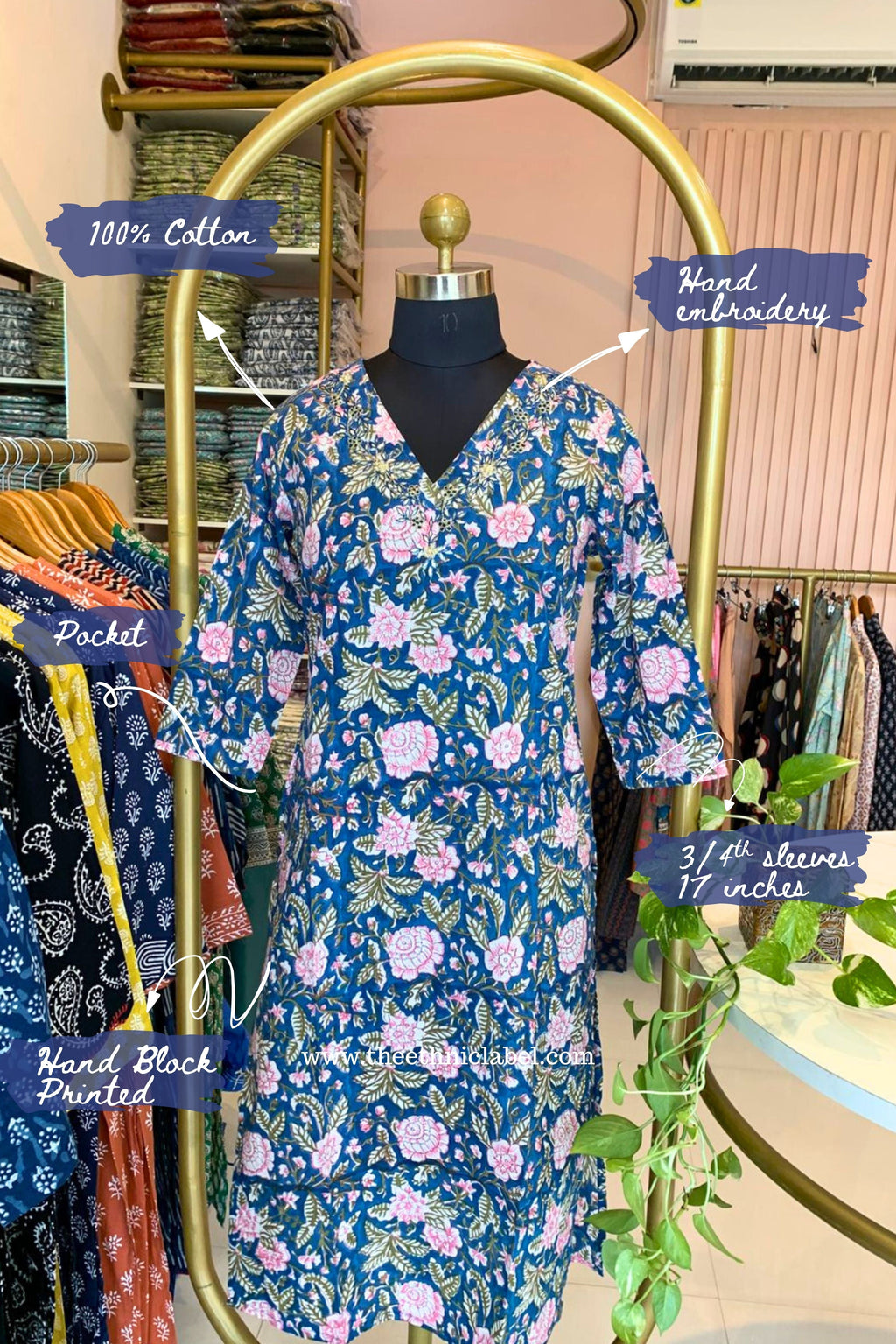 Tarz Hand Embroidered Block Printed Blue Cotton kurta