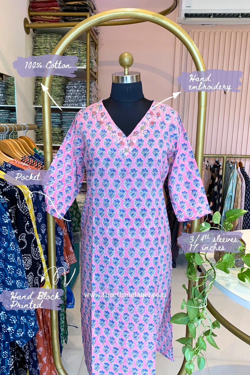 Mridu Hand Embroidered Block Printed Pink Cotton kurta