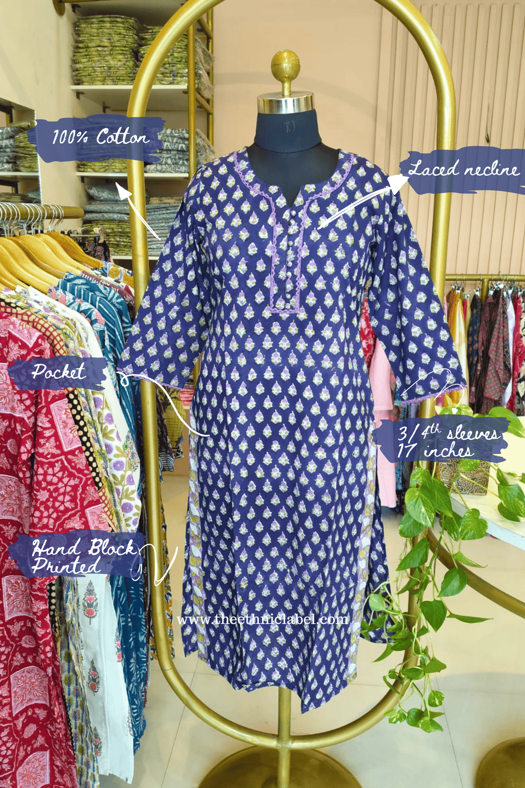 "Mehira" Hand Block Printed Purple Cotton kurta