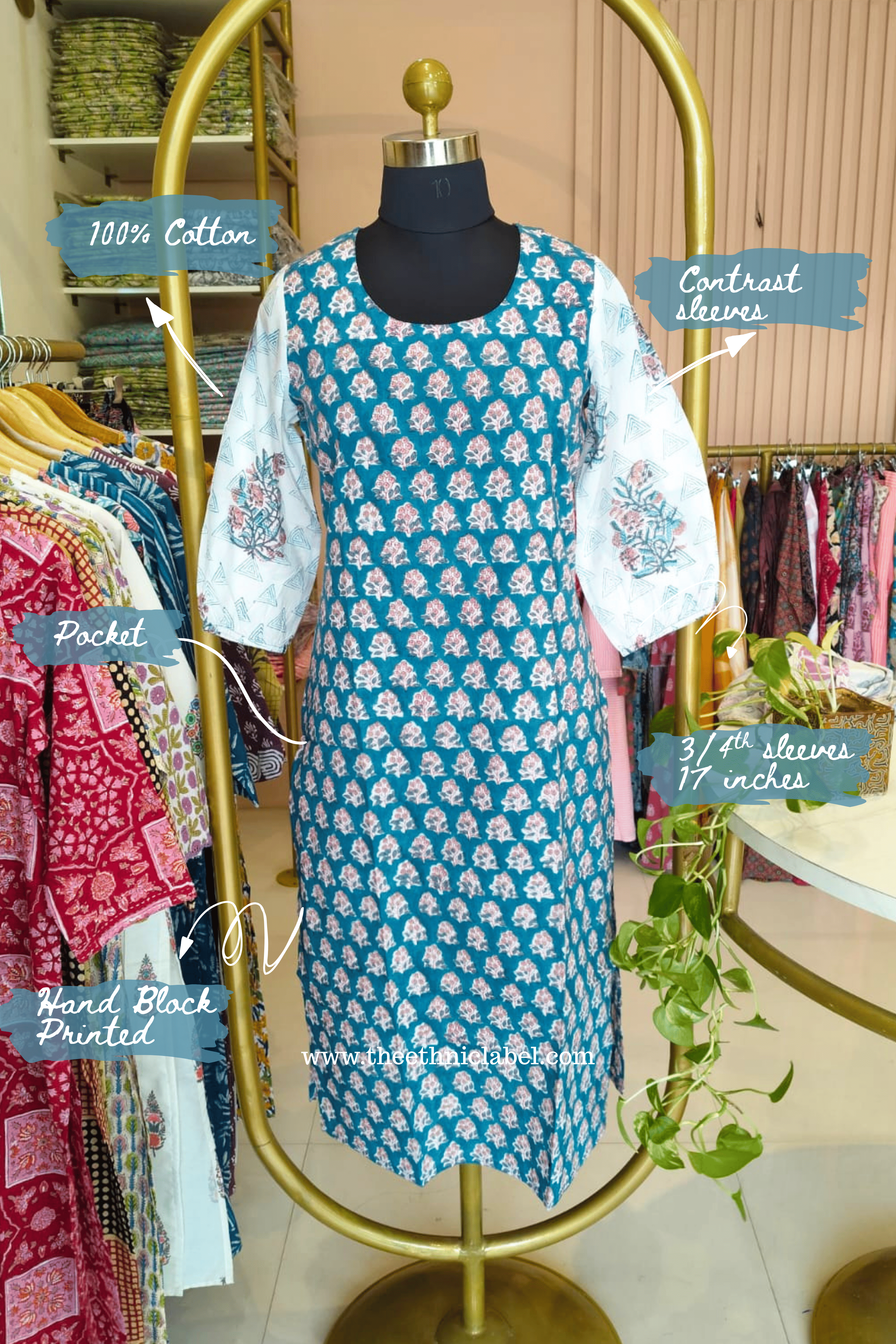 "Shaan" Hand Block Printed Blue Cotton kurta