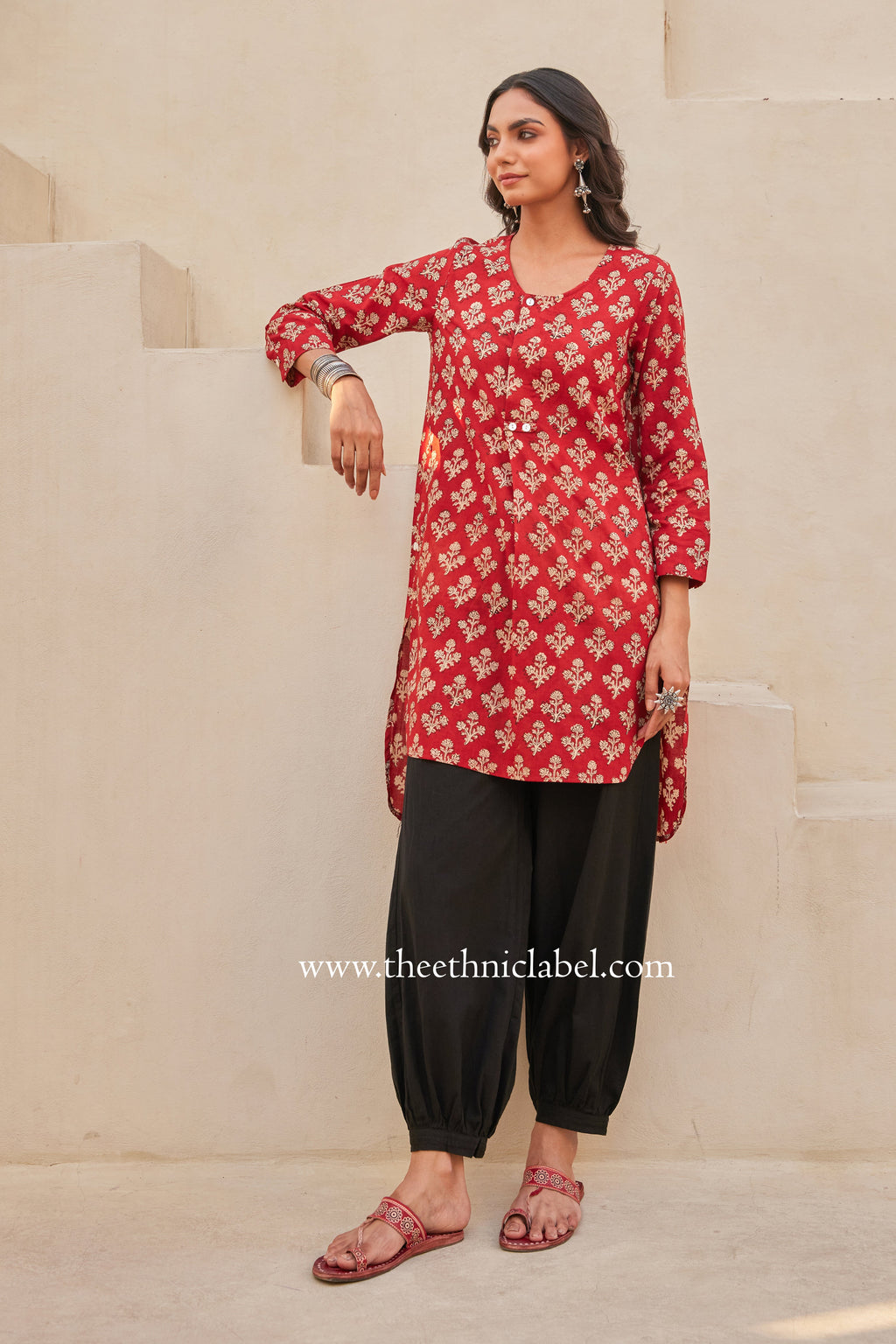 "Kudrat" Block Printed Asymmetric Cotton kurta with afghan pants-2pc