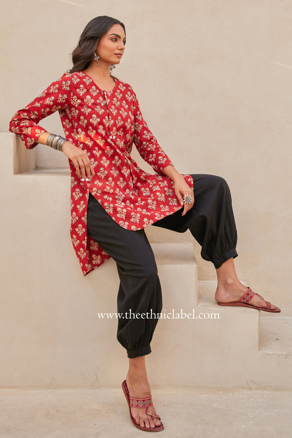 "Kudrat" Block Printed Asymmetric Cotton kurta with afghan pants-2pc
