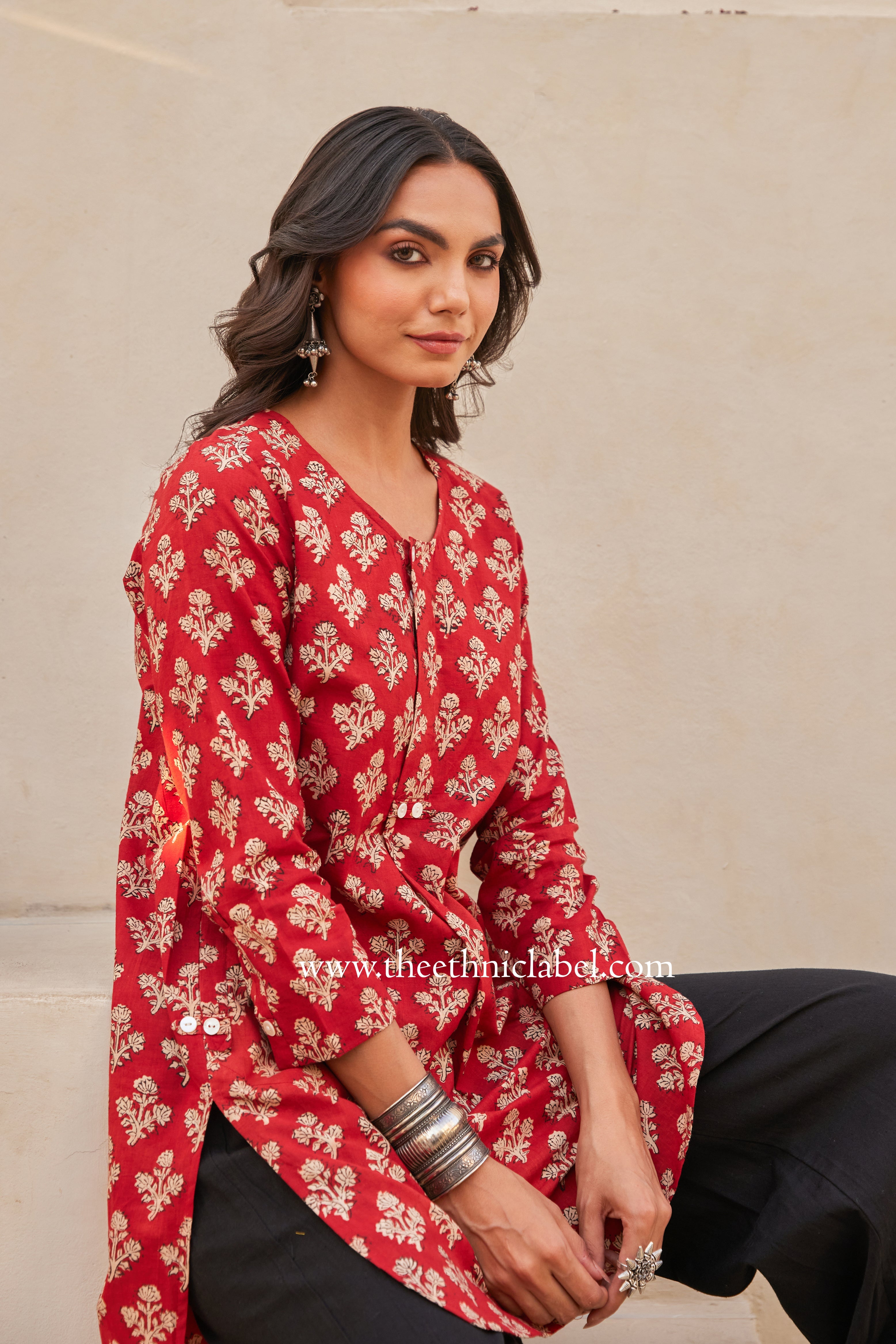 "Kudrat" Block Printed Asymmetric Cotton kurta with afghan pants-2pc