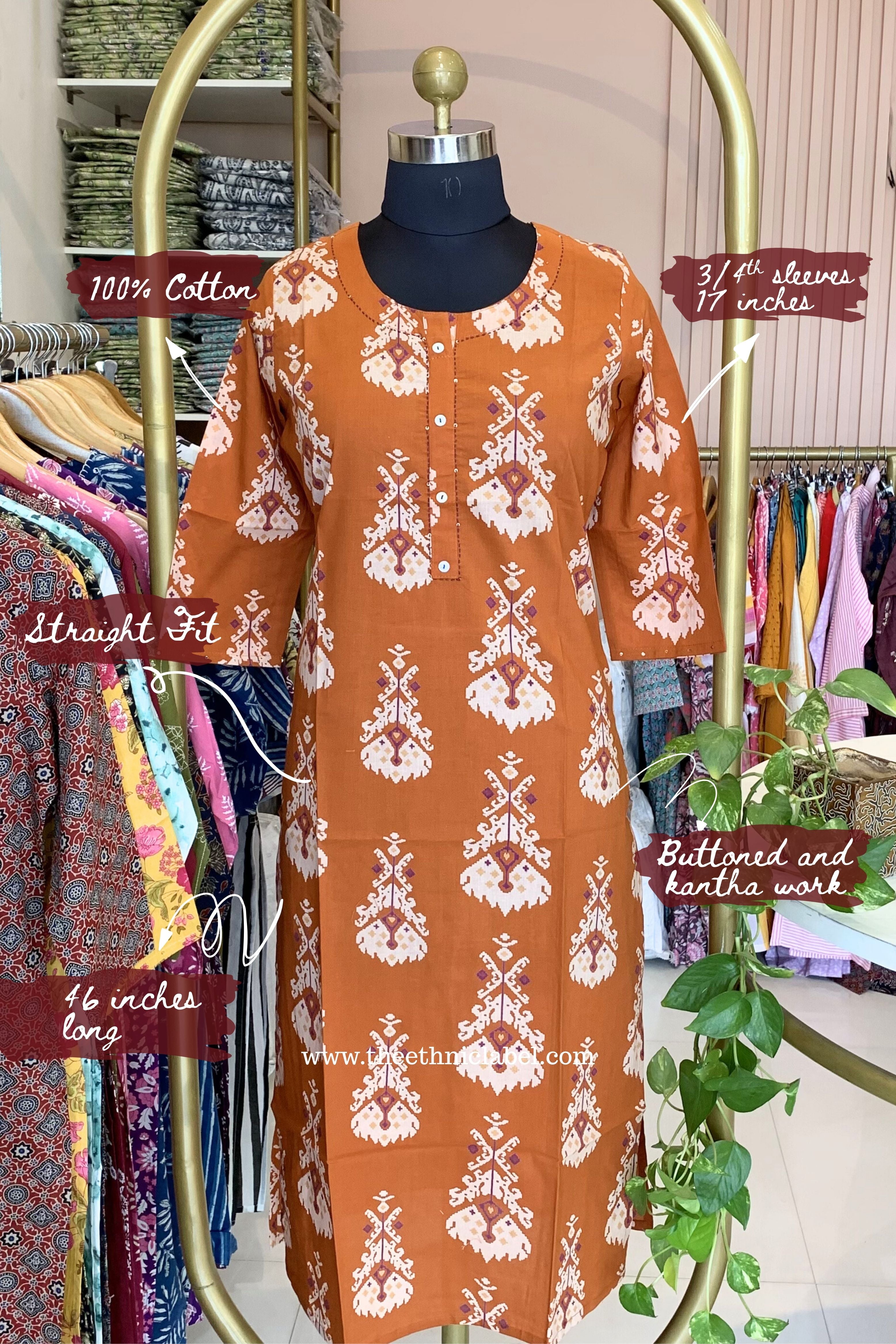 "Aekta" Rust Printed Cotton kurta