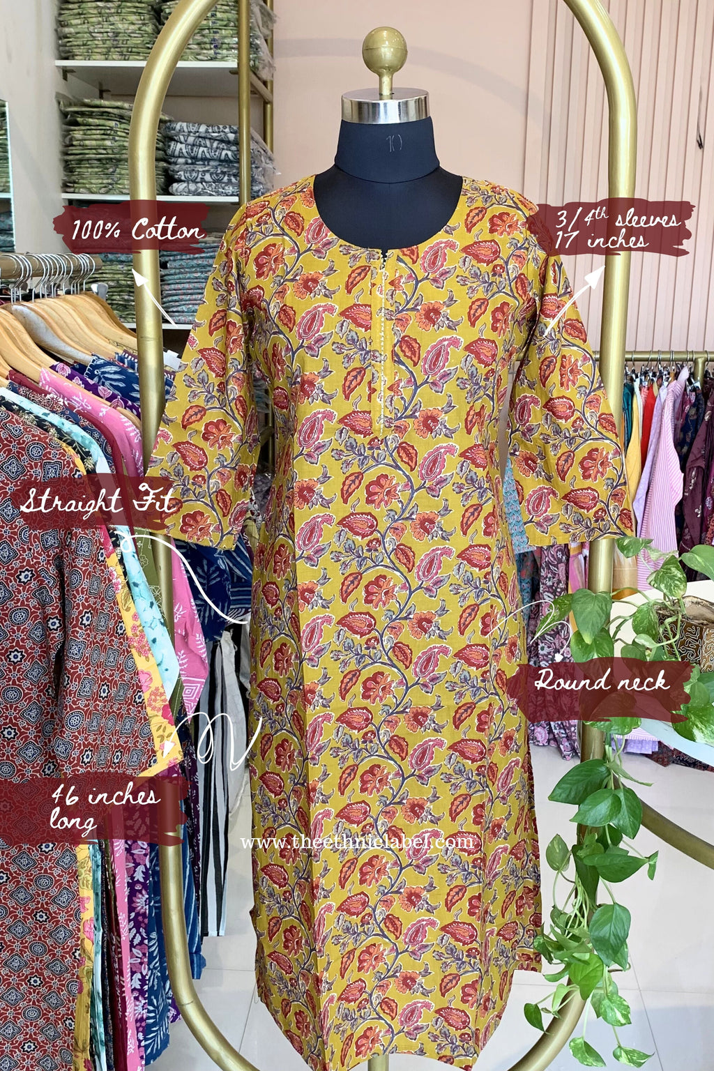 Iraya Mustard Printed Cotton kurta