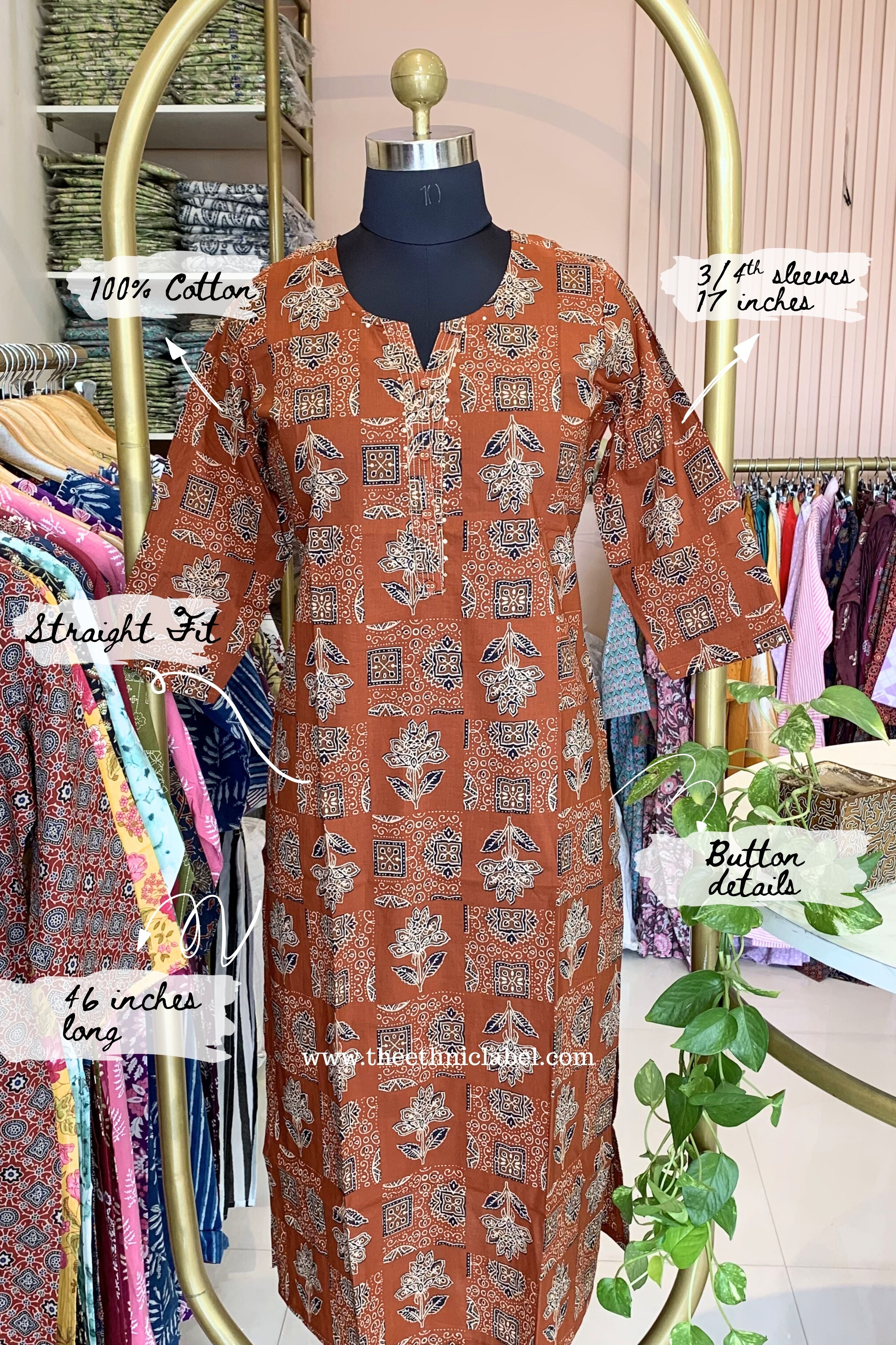 "Shefali" Rust Printed Cotton kurta