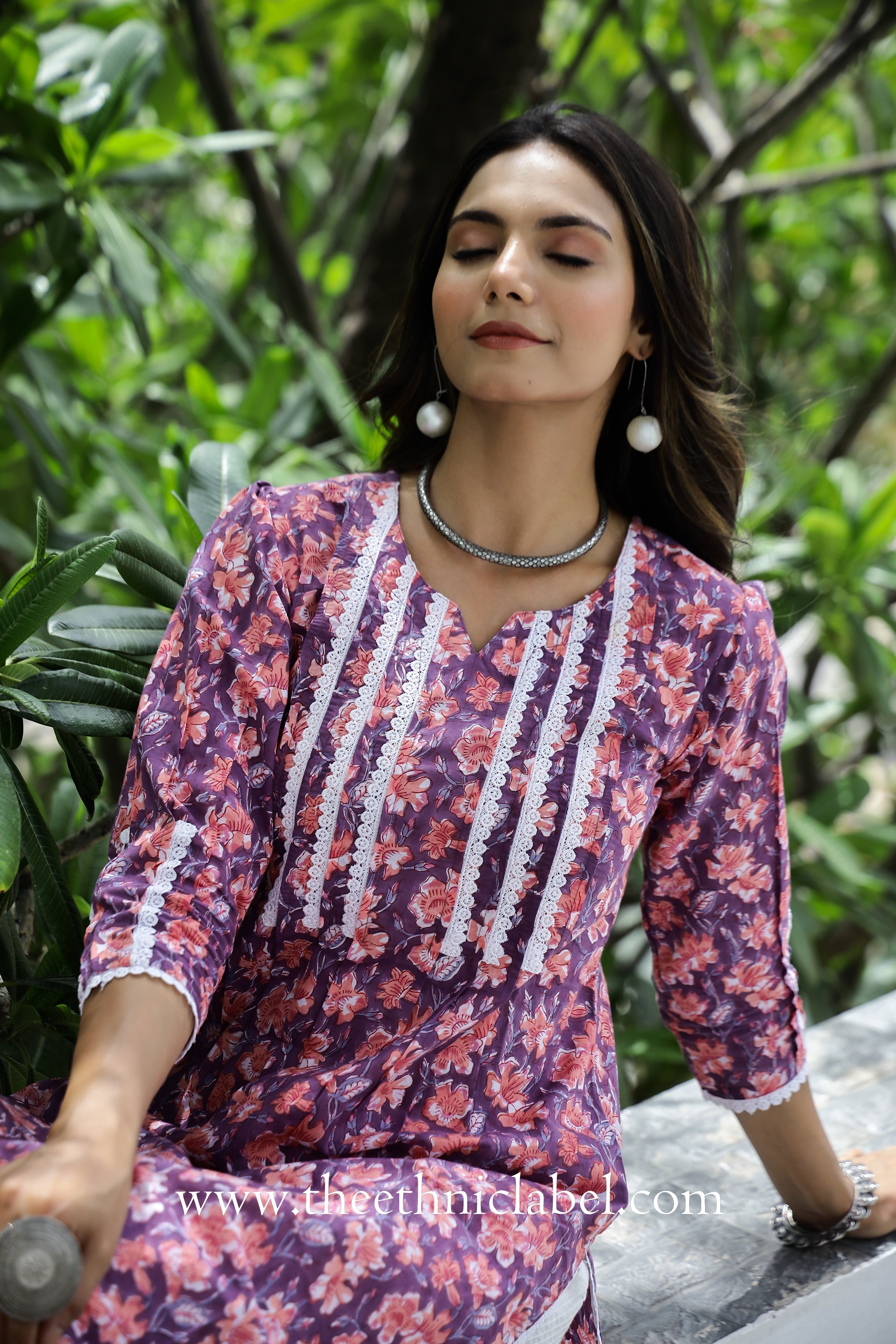 "Aina" Purple Laced Cotton Kurta