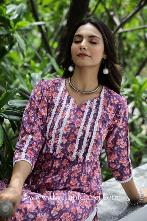 "Aina" Purple Laced Cotton Kurta