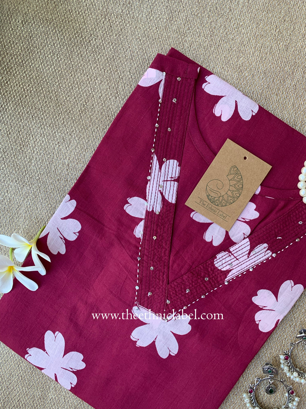 "Tulika" Wine Floral Pure Cotton Kurta