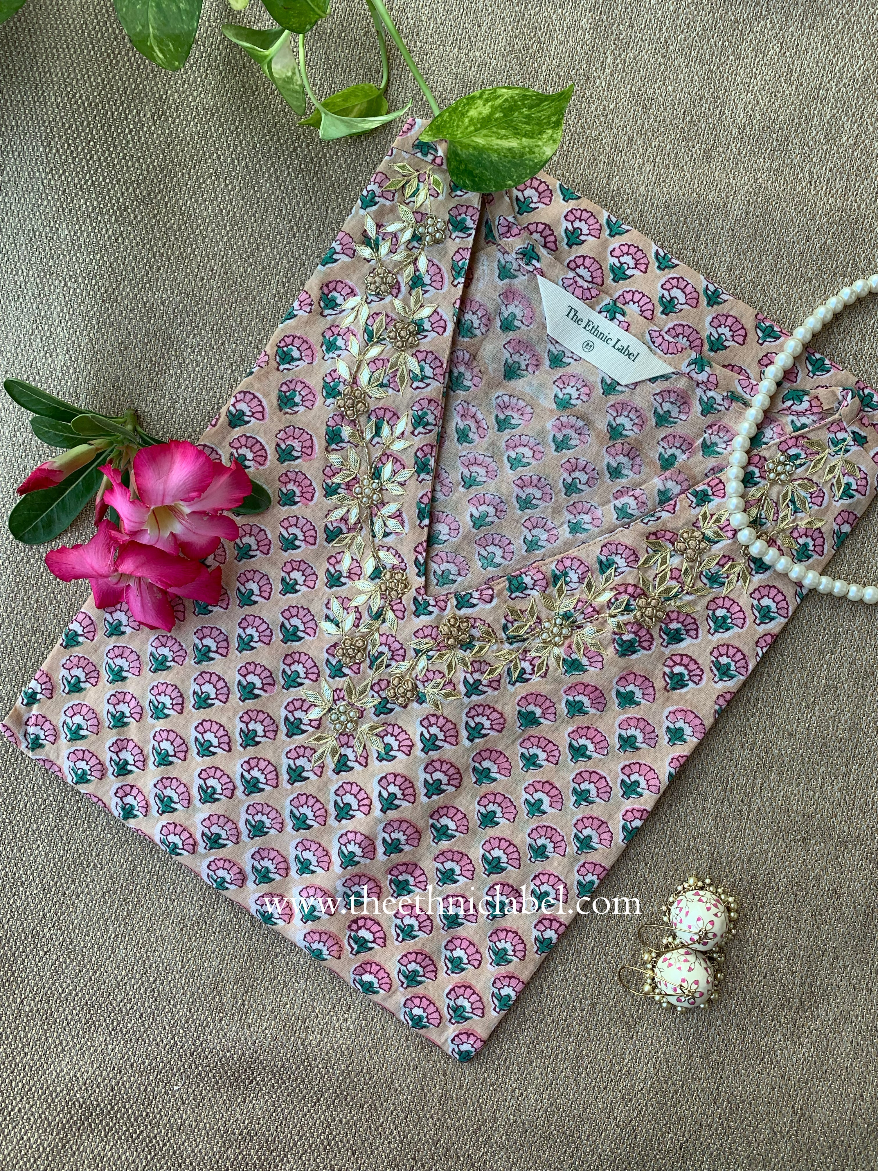 Khidmat Hand Embroidered Block Printed Peach Cotton kurta