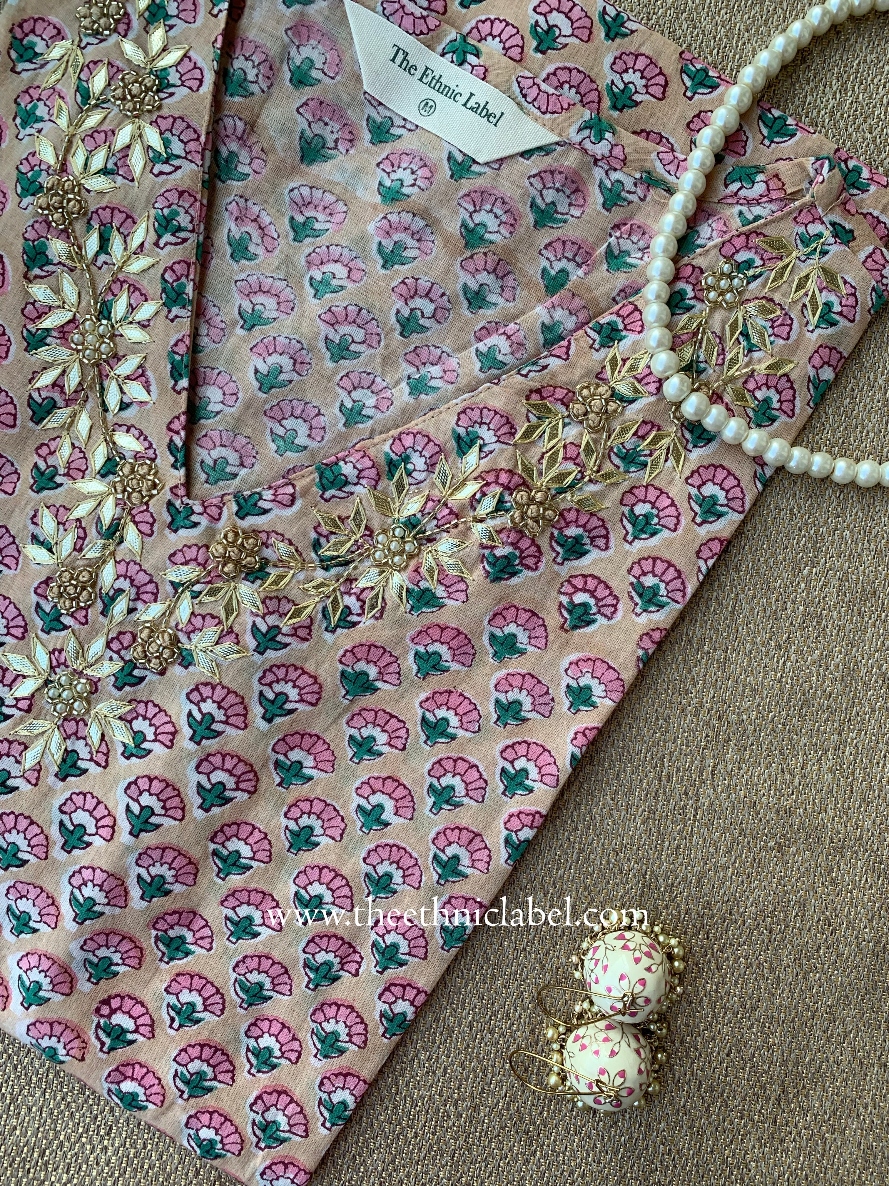Khidmat Hand Embroidered Block Printed Peach Cotton kurta