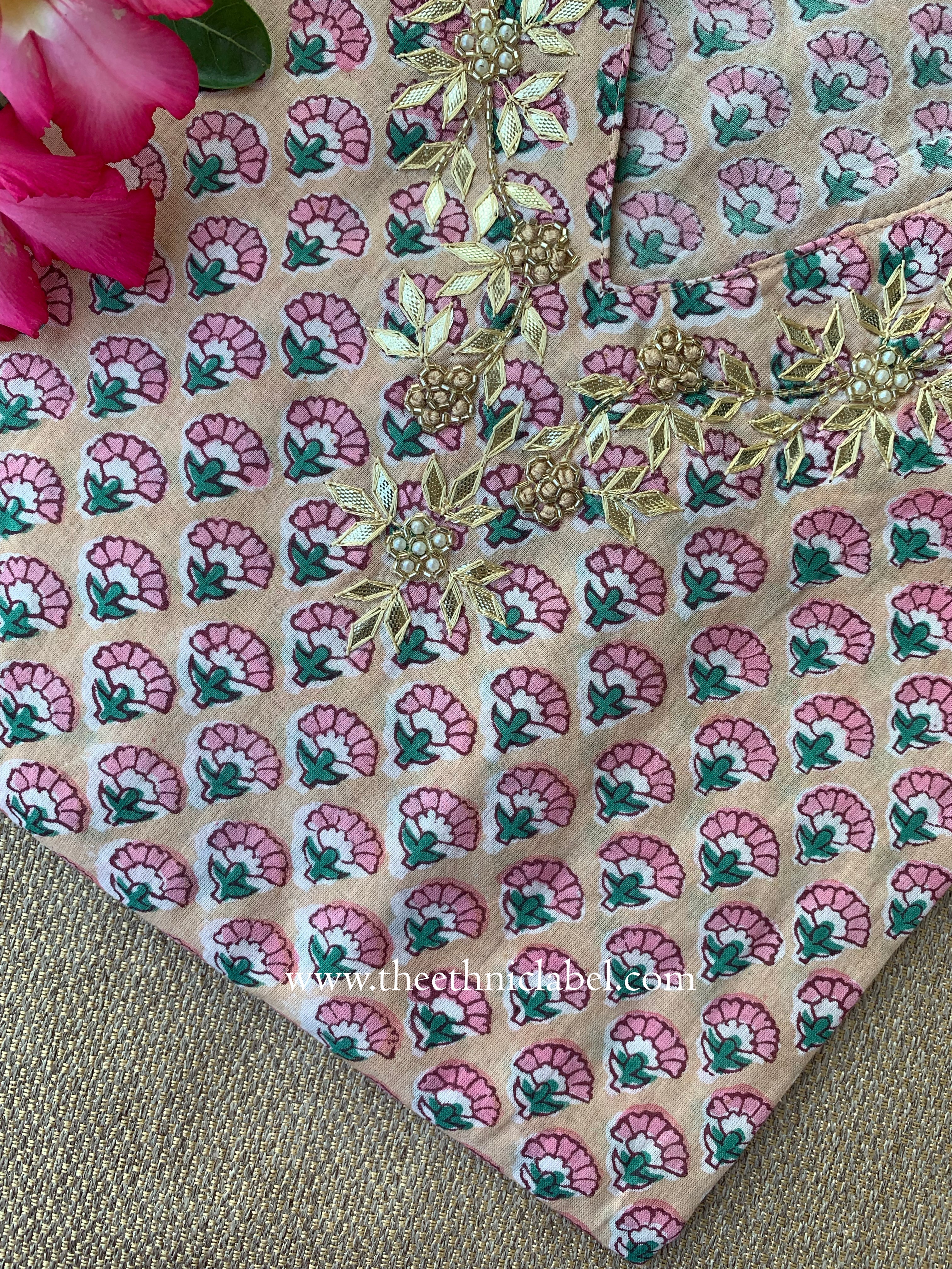 Khidmat Hand Embroidered Block Printed Peach Cotton kurta