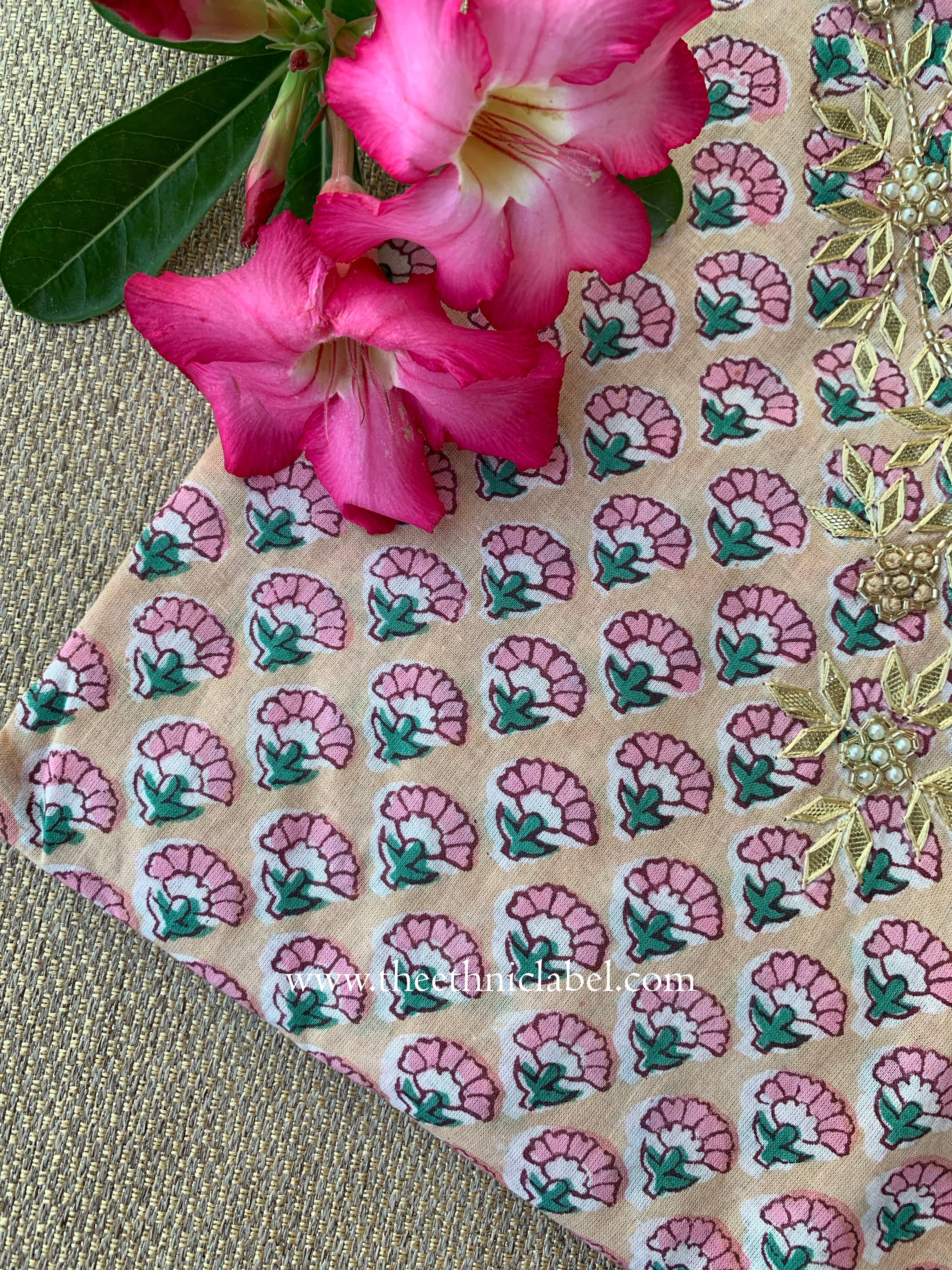 Khidmat Hand Embroidered Block Printed Peach Cotton kurta