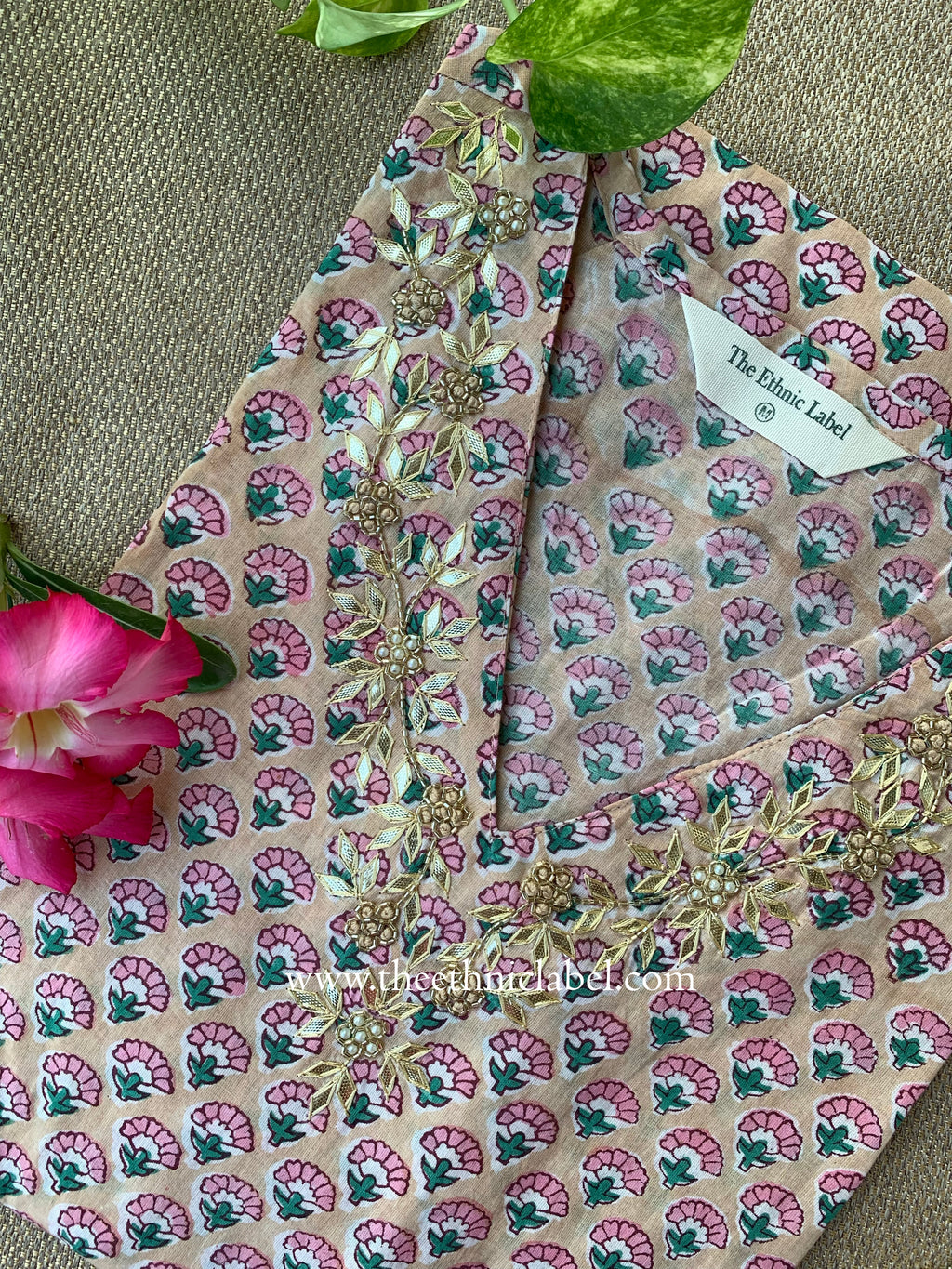 Khidmat Hand Embroidered Block Printed Peach Cotton kurta