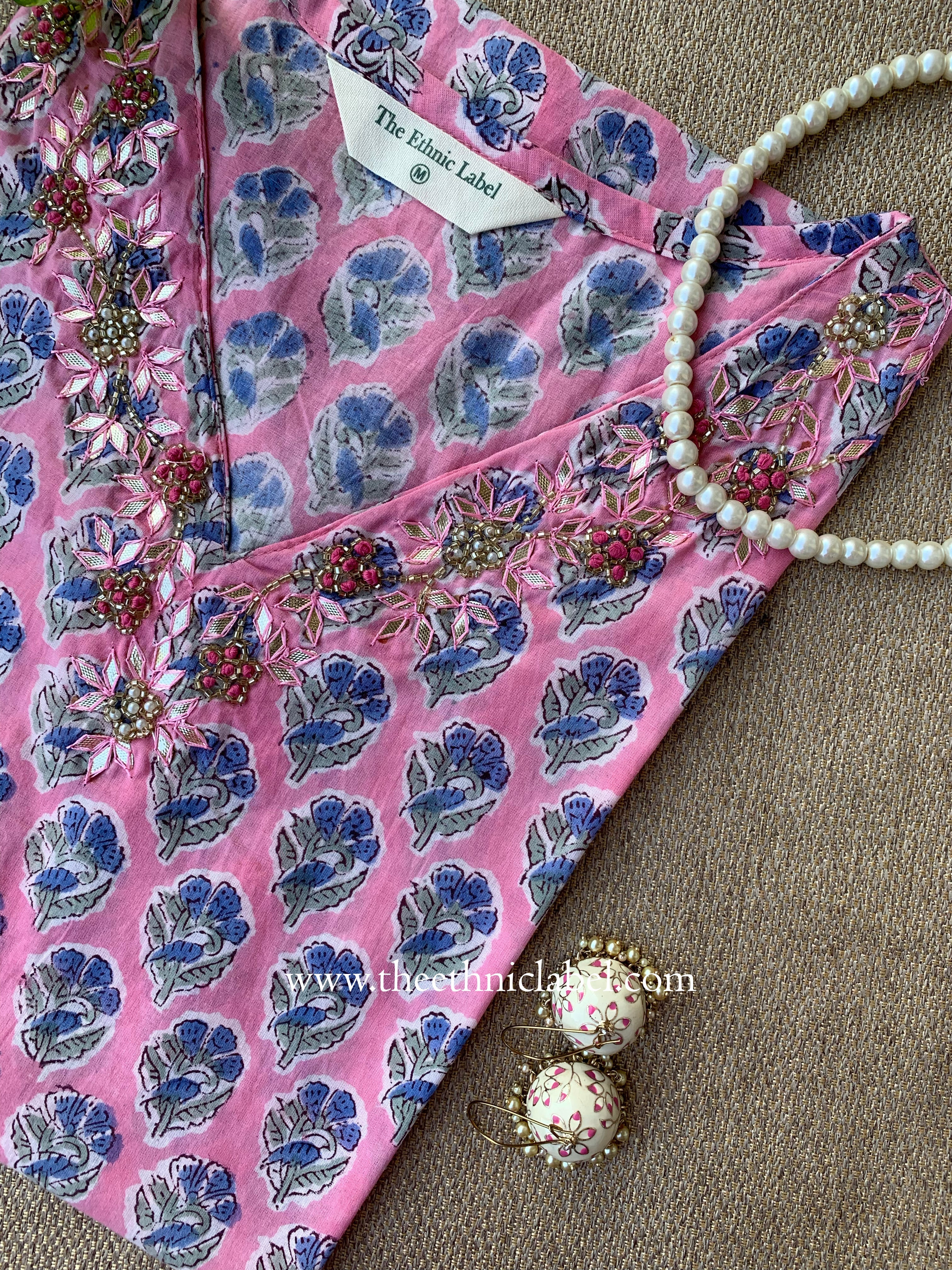 Mridu Hand Embroidered Block Printed Pink Cotton kurta