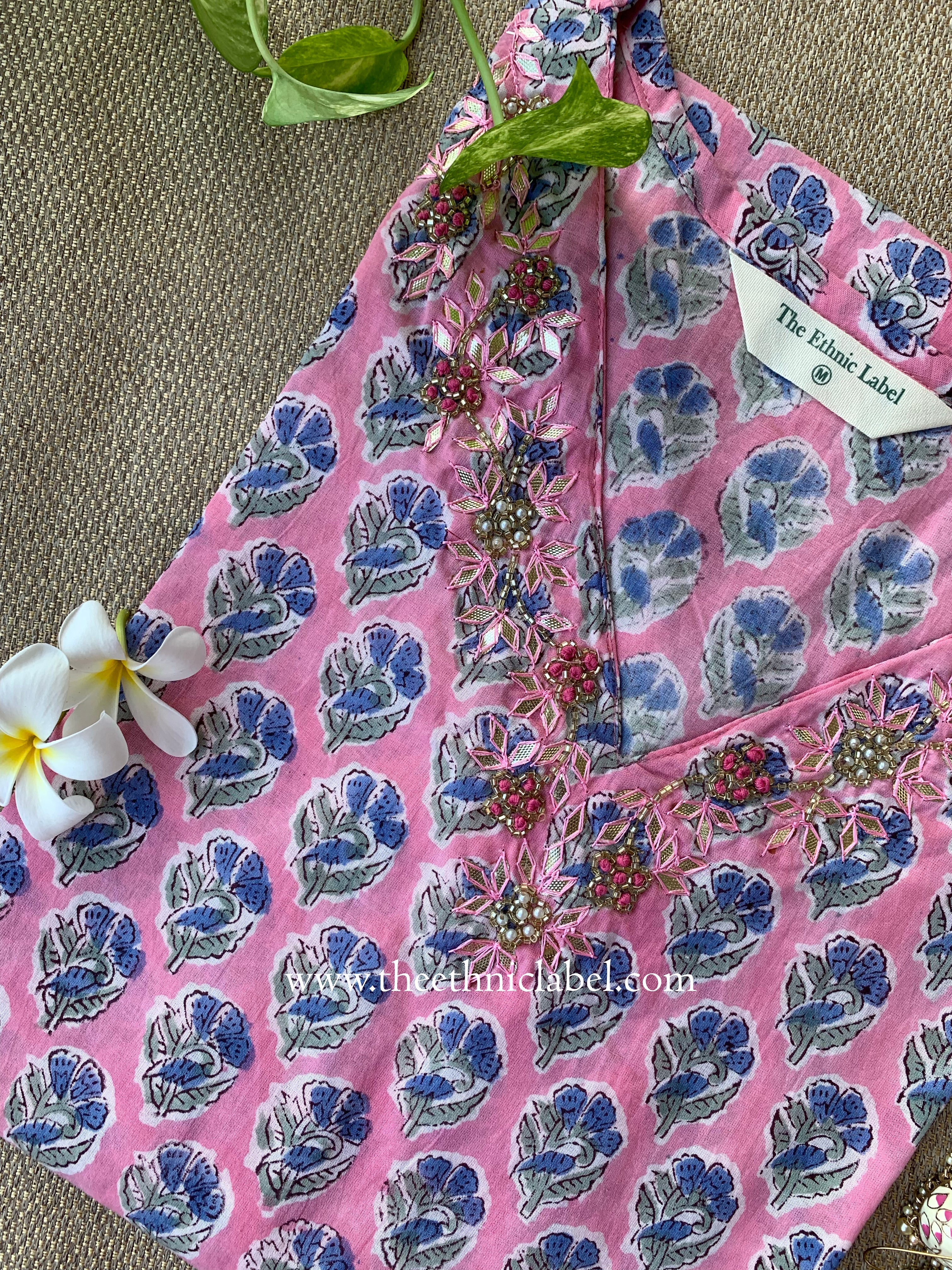 Mridu Hand Embroidered Block Printed Pink Cotton kurta