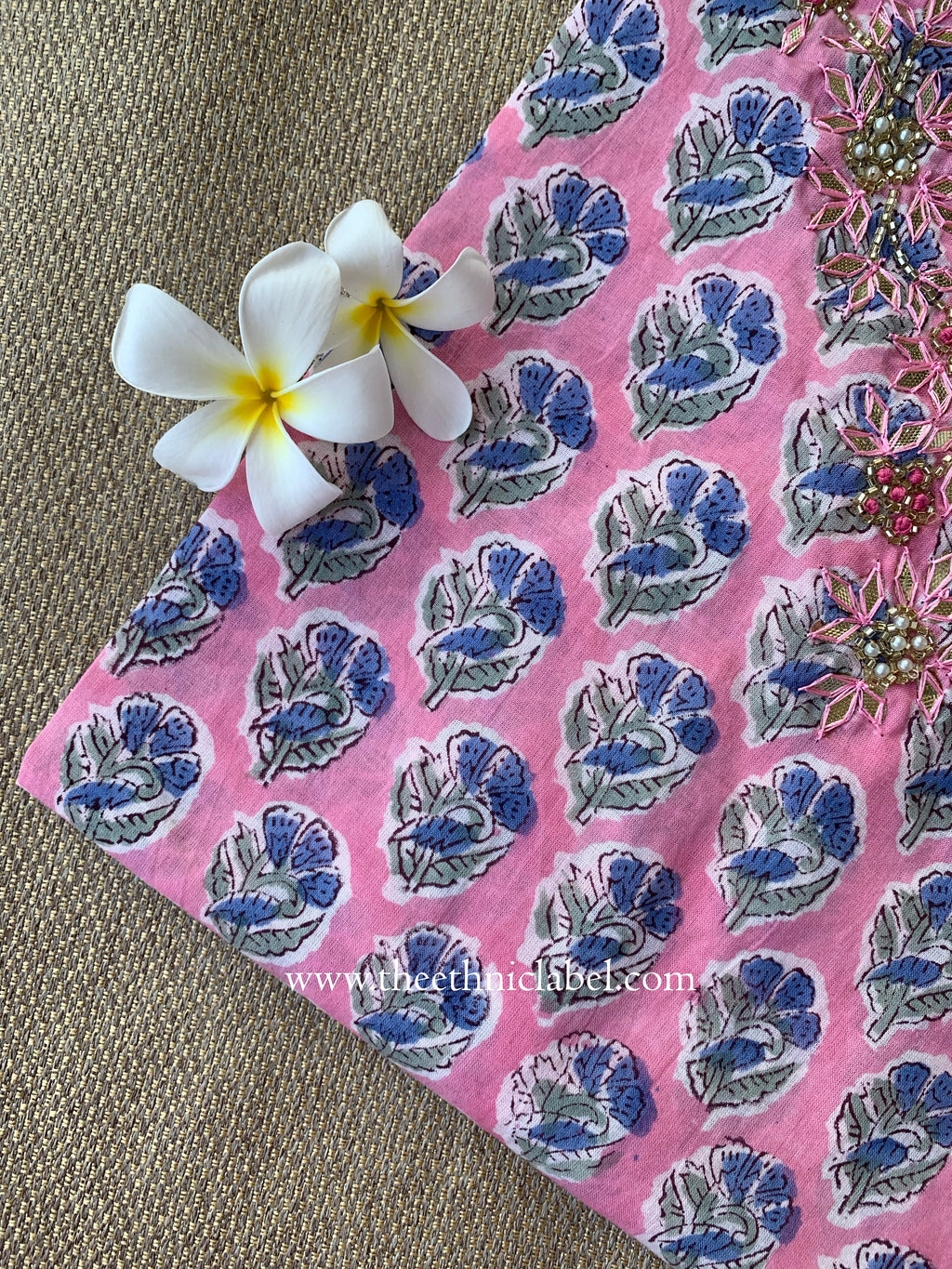 Mridu Hand Embroidered Block Printed Pink Cotton kurta