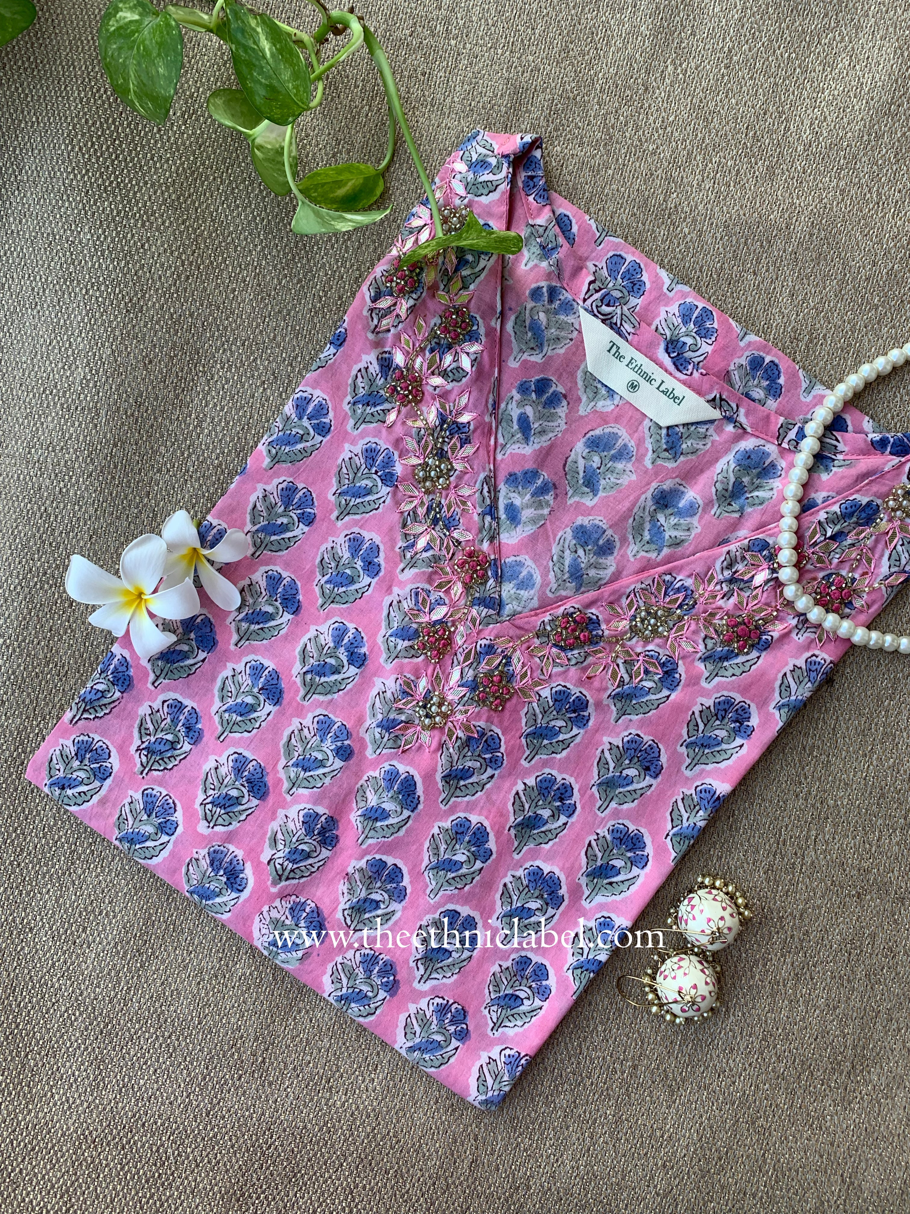 Mridu Hand Embroidered Block Printed Pink Cotton kurta