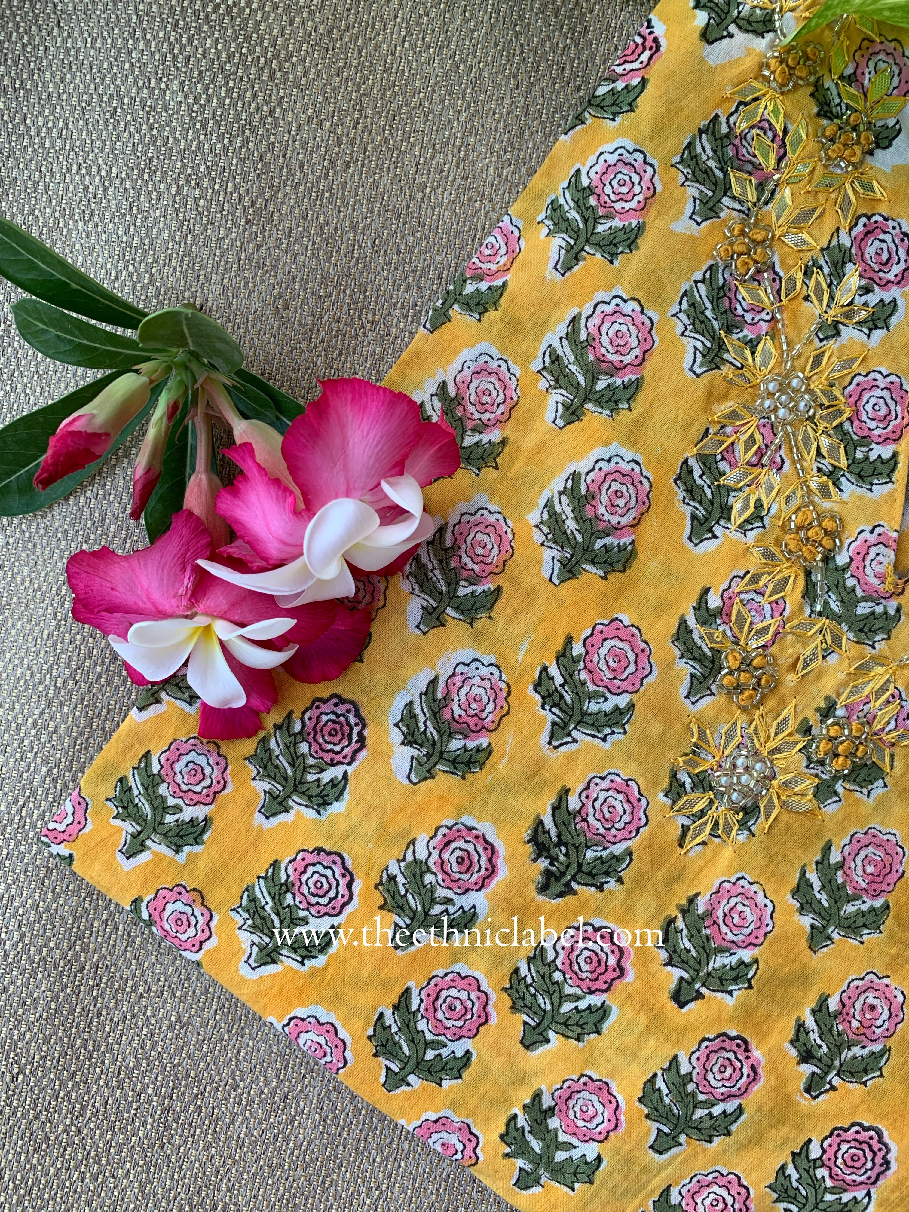Mehrab Hand Embroidered Block Printed Yellow Cotton kurta