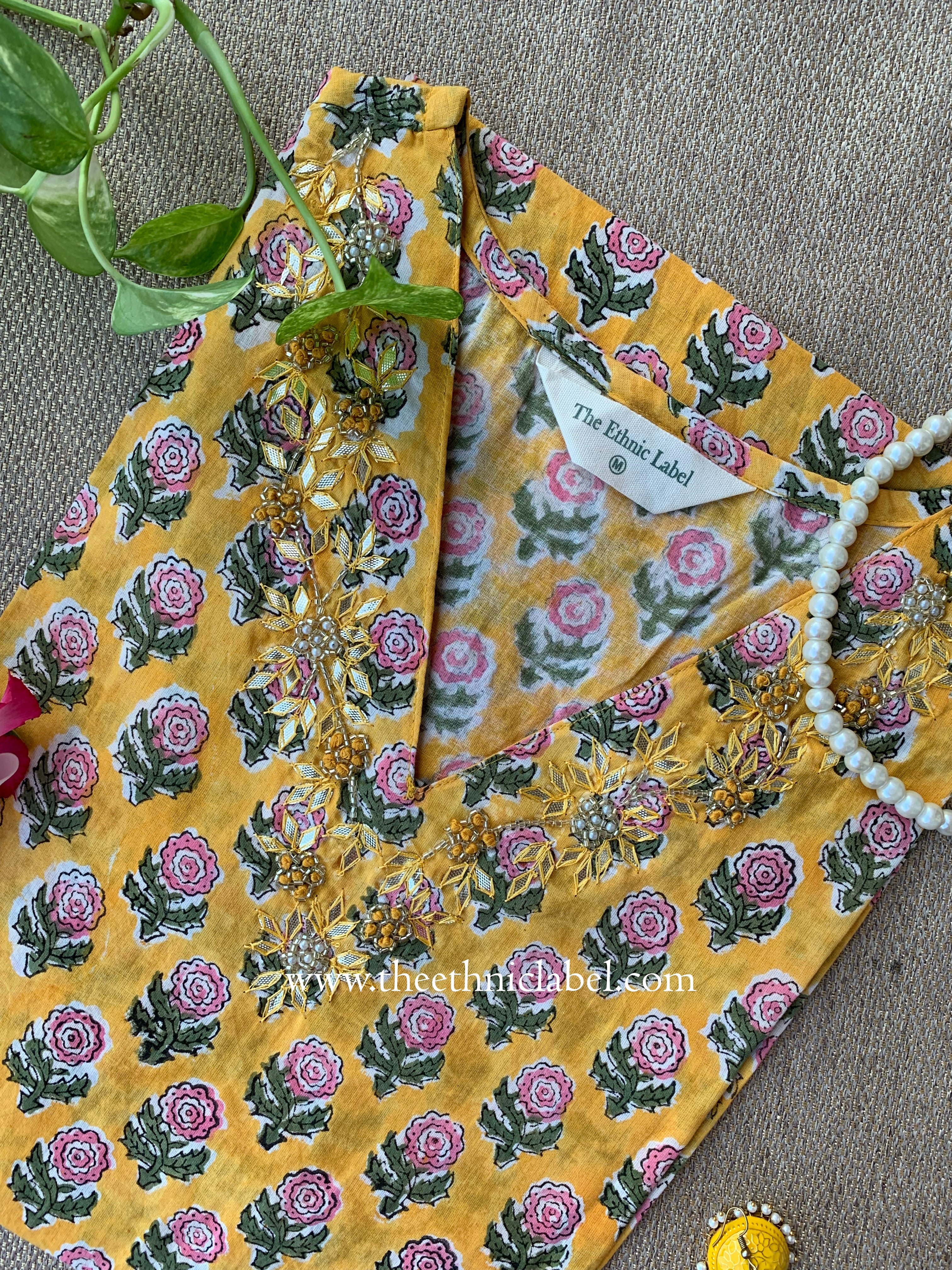 Mehrab Hand Embroidered Block Printed Yellow Cotton kurta