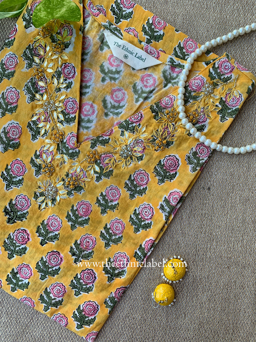 Mehrab Hand Embroidered Block Printed Yellow Cotton kurta