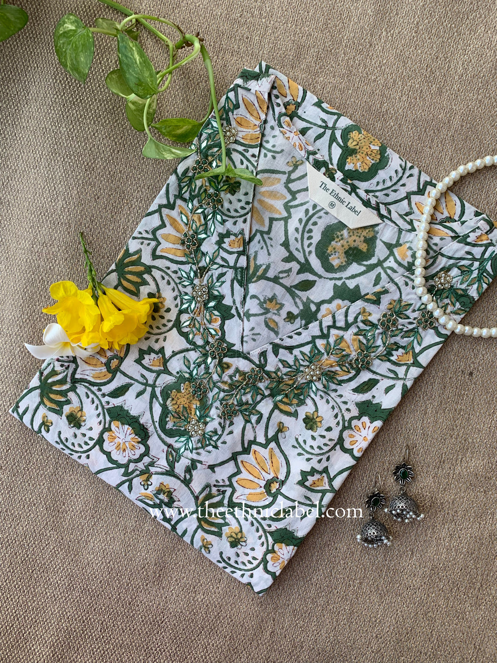 Naazuk Hand Embroidered Block Printed White Cotton kurta