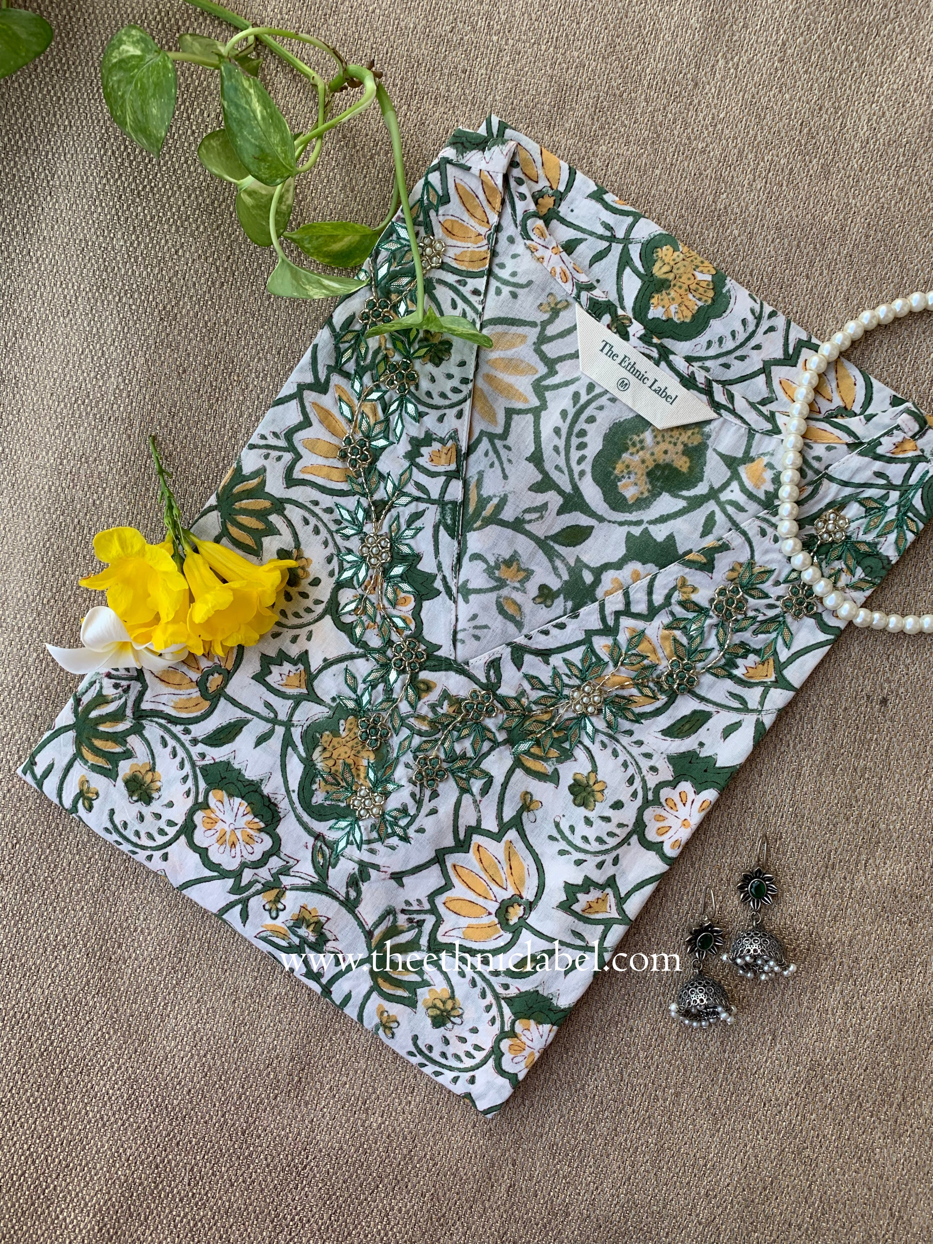 Naazuk Hand Embroidered Block Printed White Cotton kurta