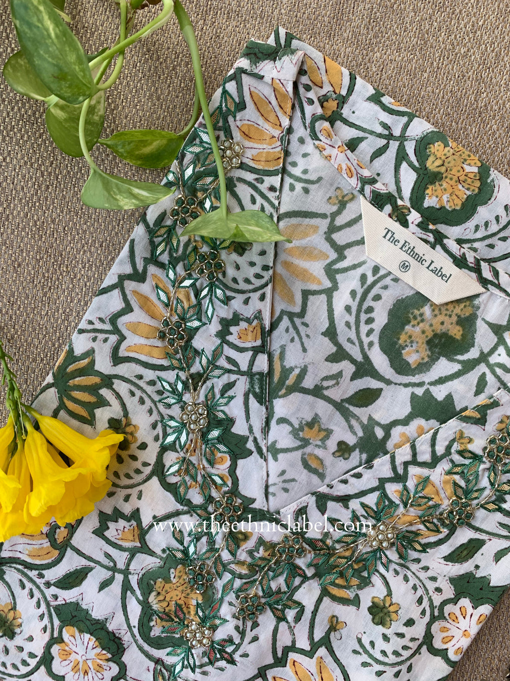Naazuk Hand Embroidered Block Printed White Cotton kurta