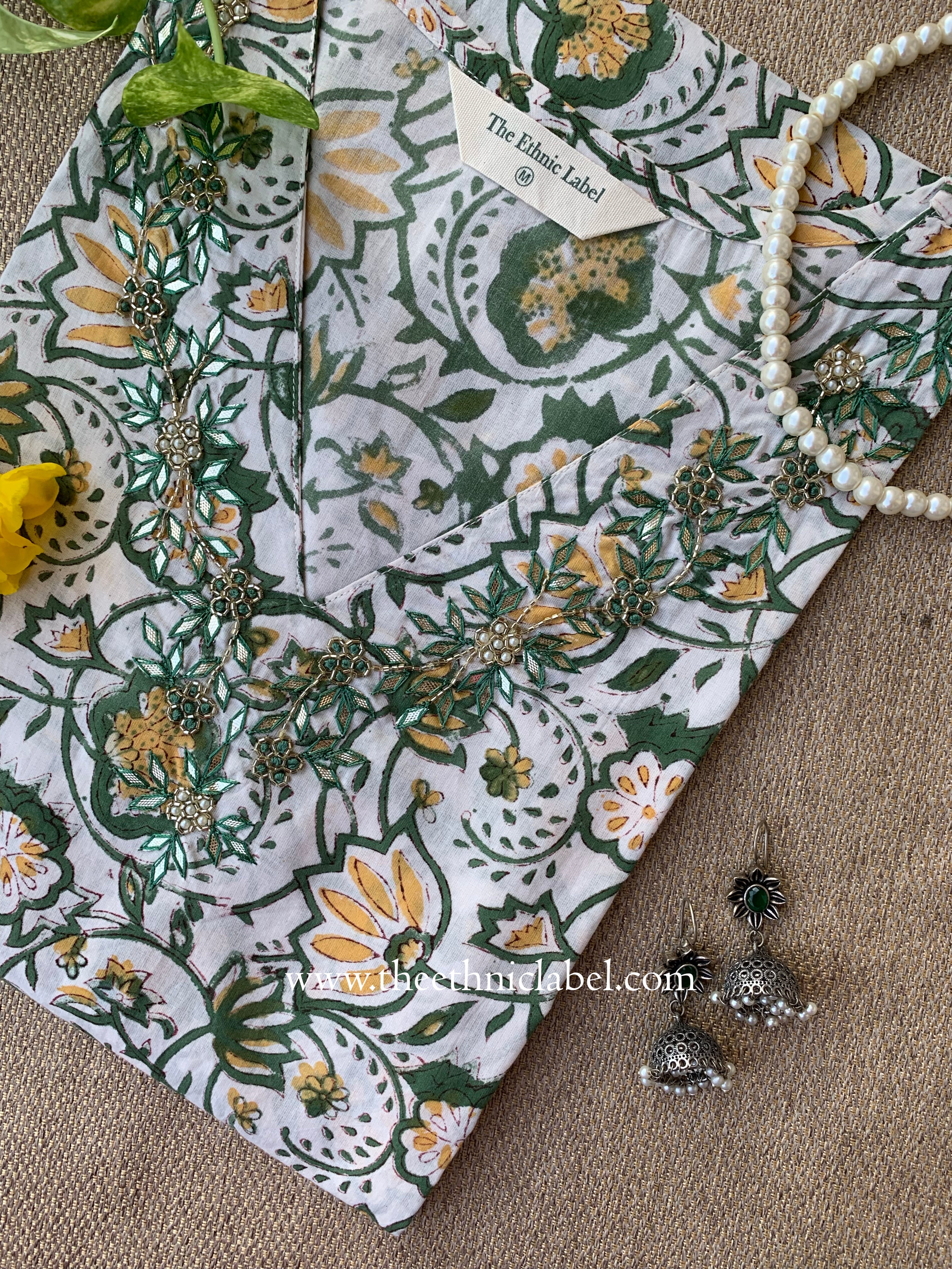 Naazuk Hand Embroidered Block Printed White Cotton kurta