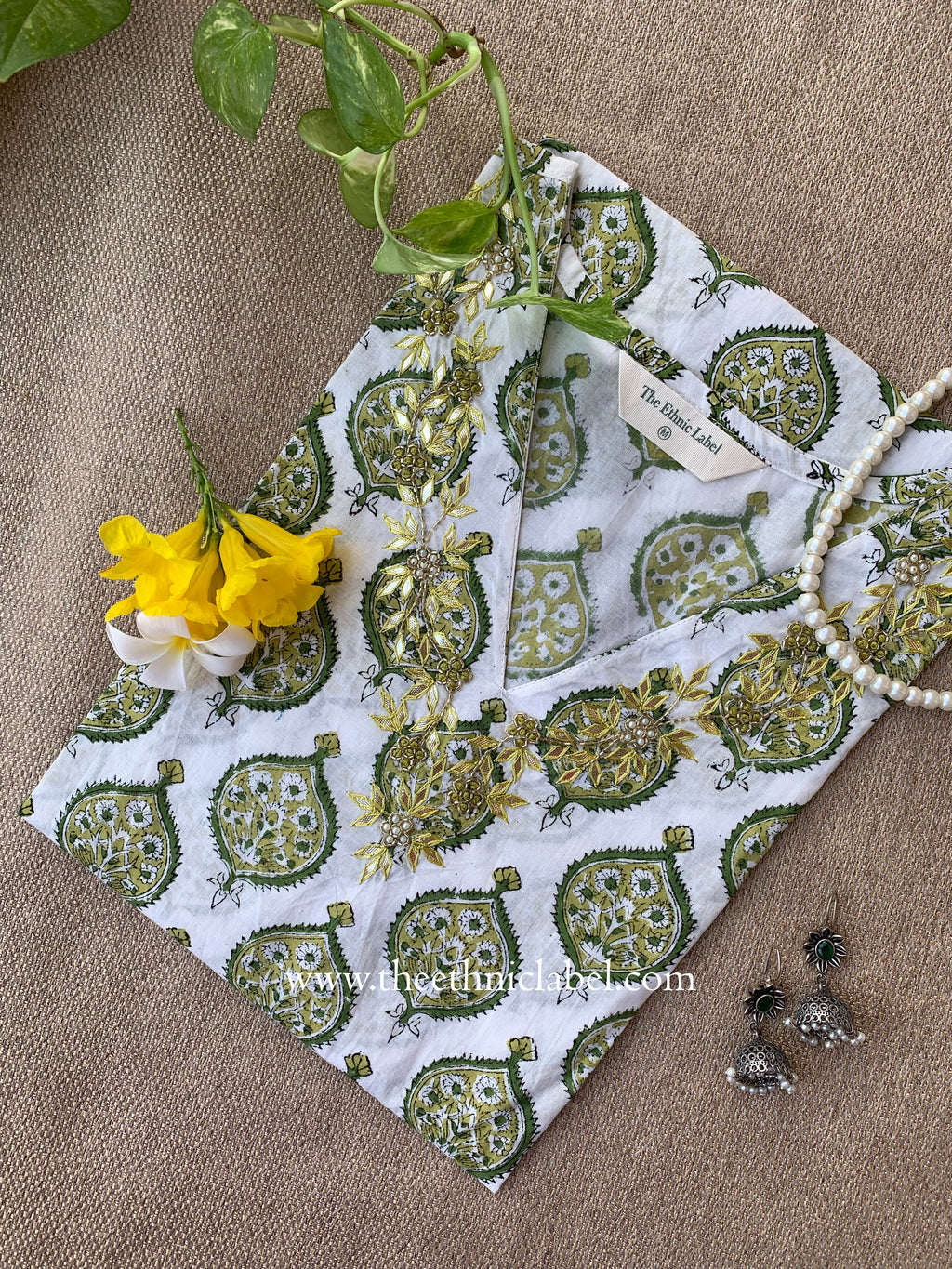 Tasveer Hand Embroidered Block Printed White Cotton kurta