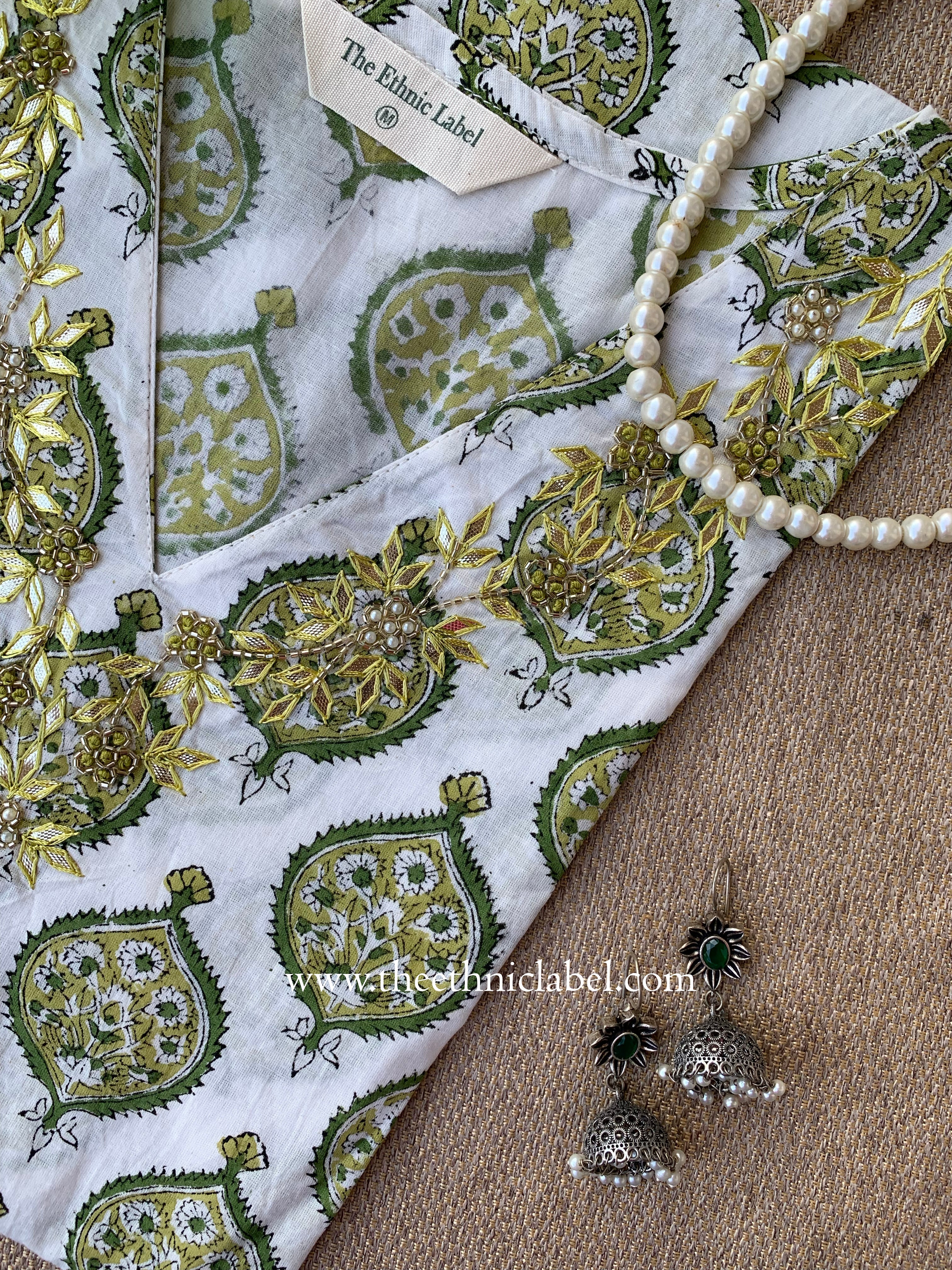 Tasveer Hand Embroidered Block Printed White Cotton kurta