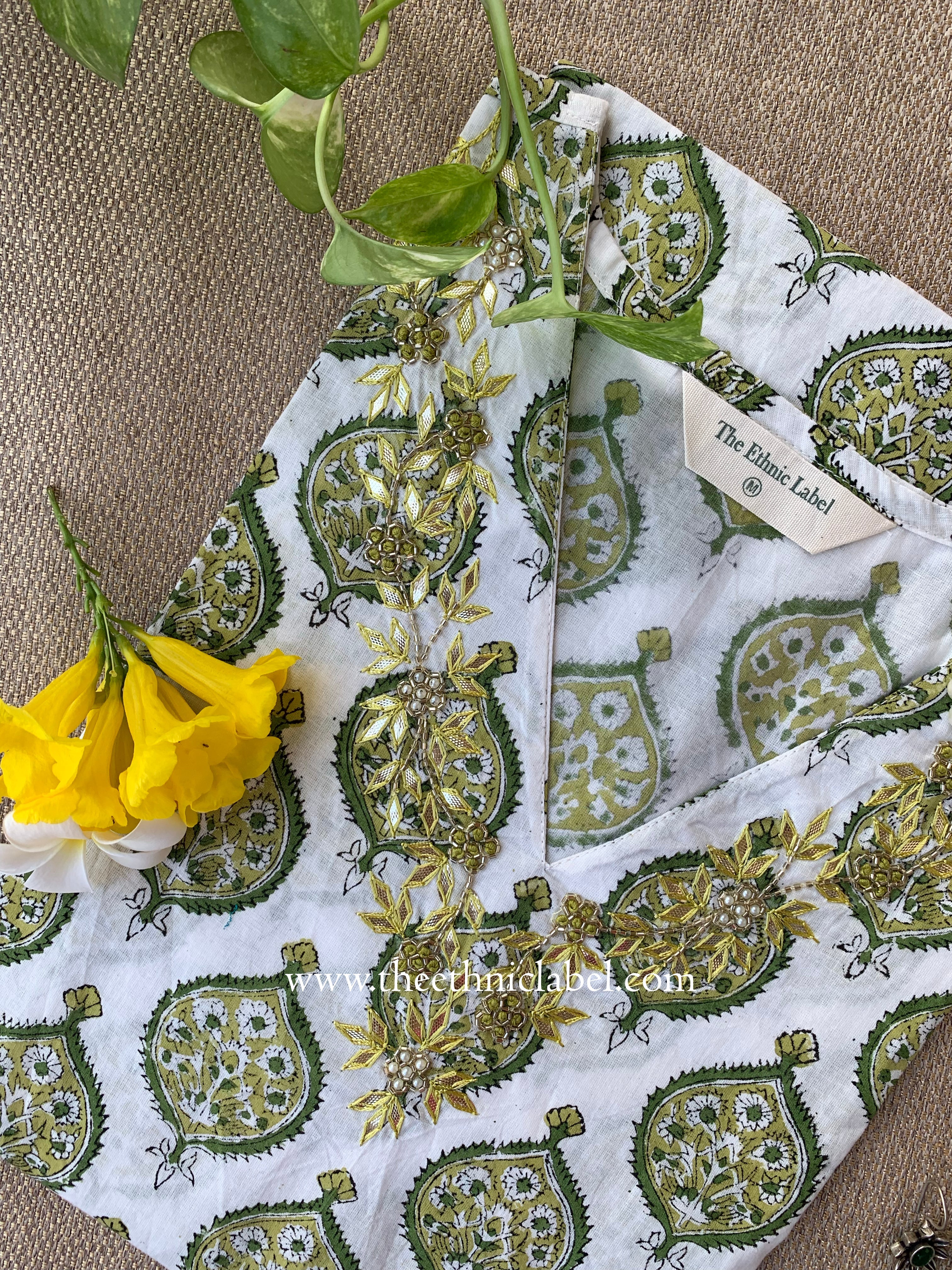 Tasveer Hand Embroidered Block Printed White Cotton kurta