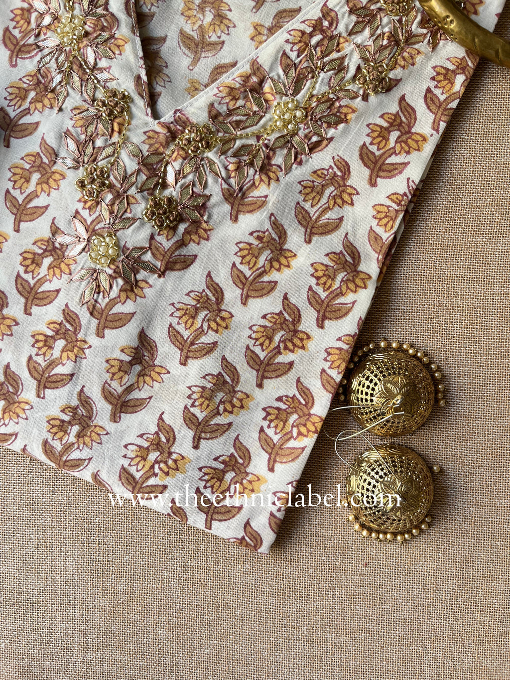 "Saheli" Hand Embroidered Block Printed Cotton kurta