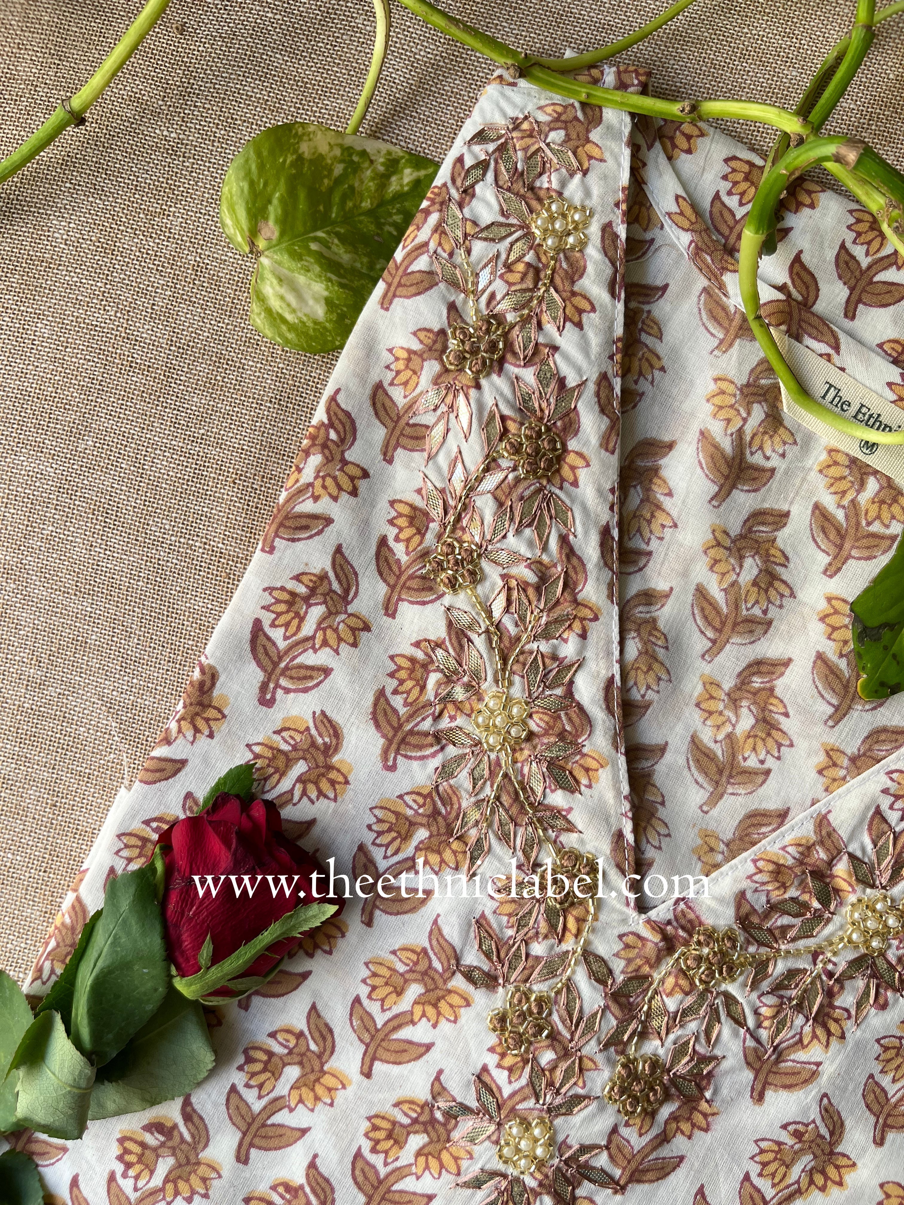 "Saheli" Hand Embroidered Block Printed Cotton kurta