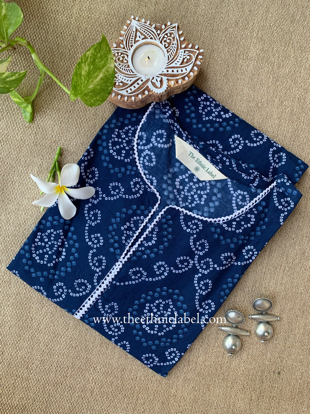 "Rubai" Bandhani Blue Laced Cotton Kurta