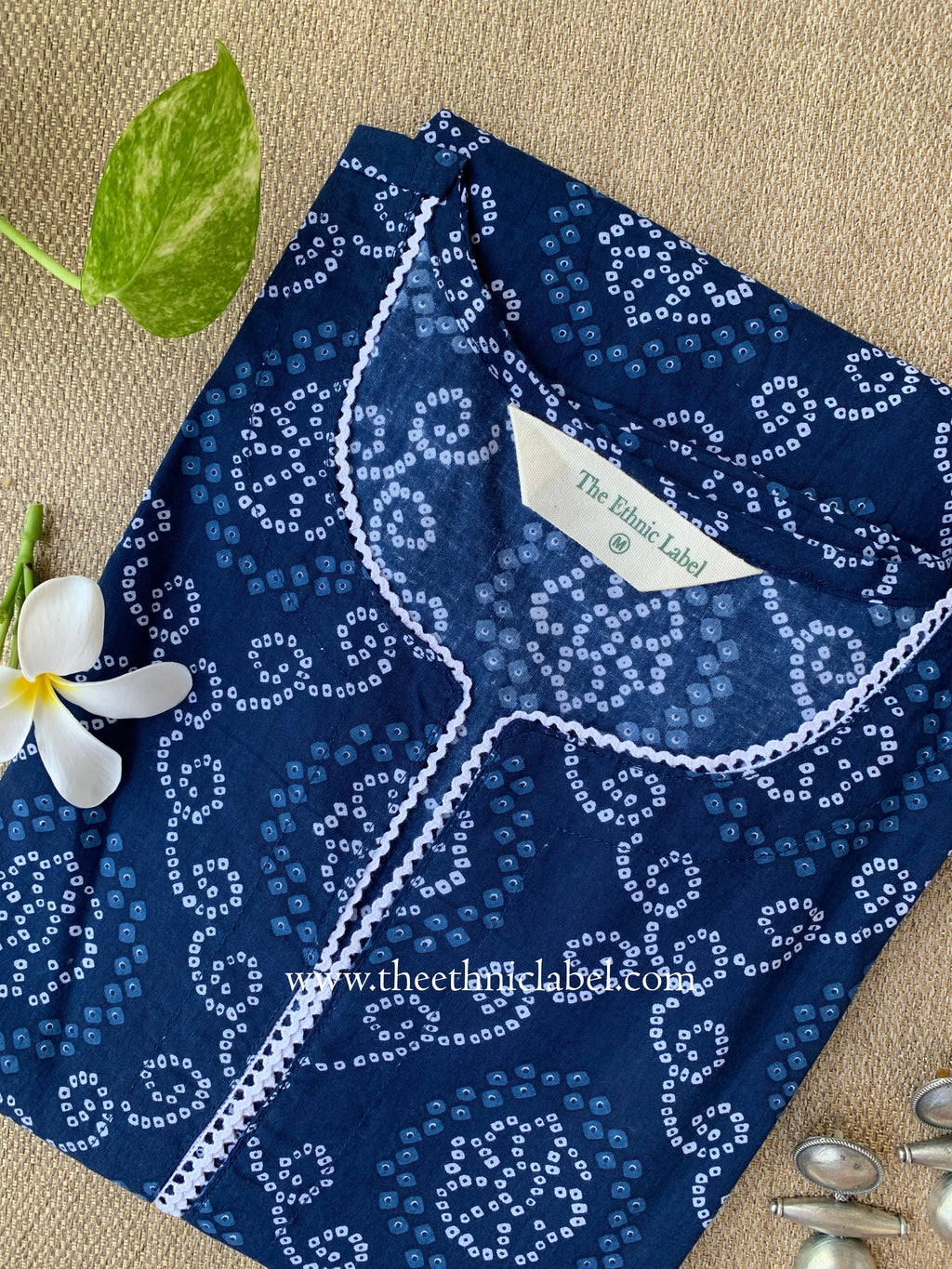 "Rubai" Bandhani Blue Laced Cotton Kurta