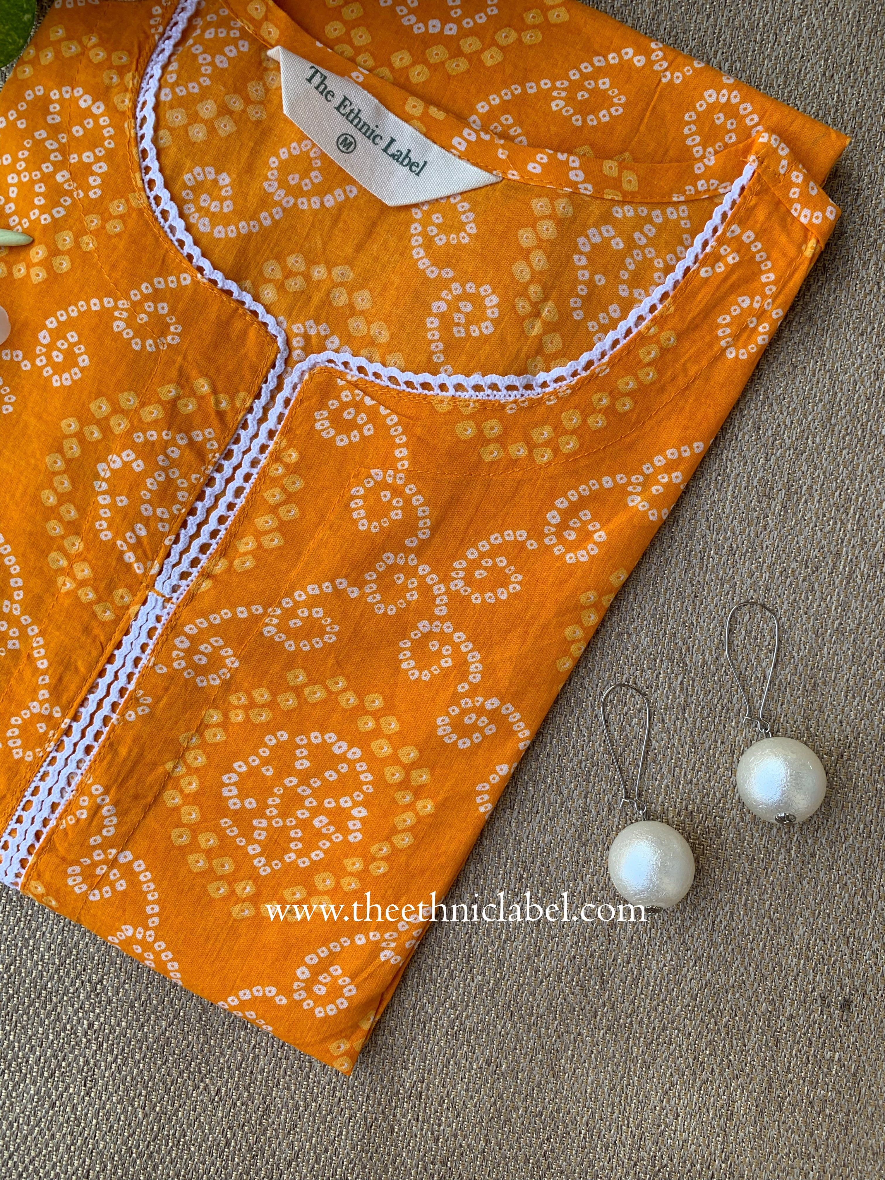 "Nadia" Bandhani Yellow Laced Cotton Kurta
