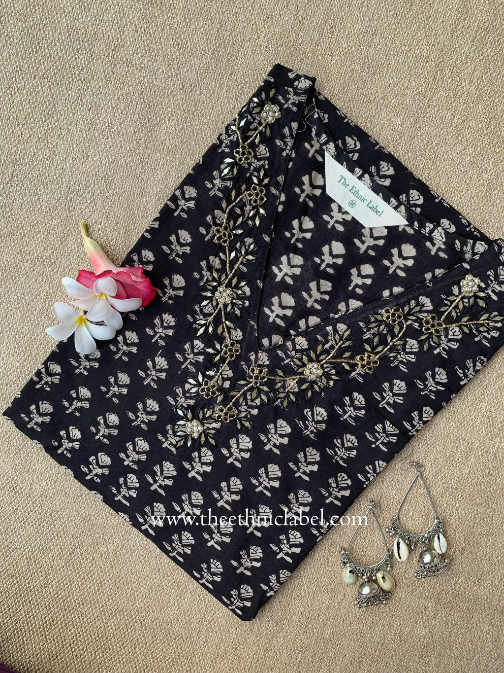 "Aamna" Hand Embroidered Block Printed Black Cotton kurta