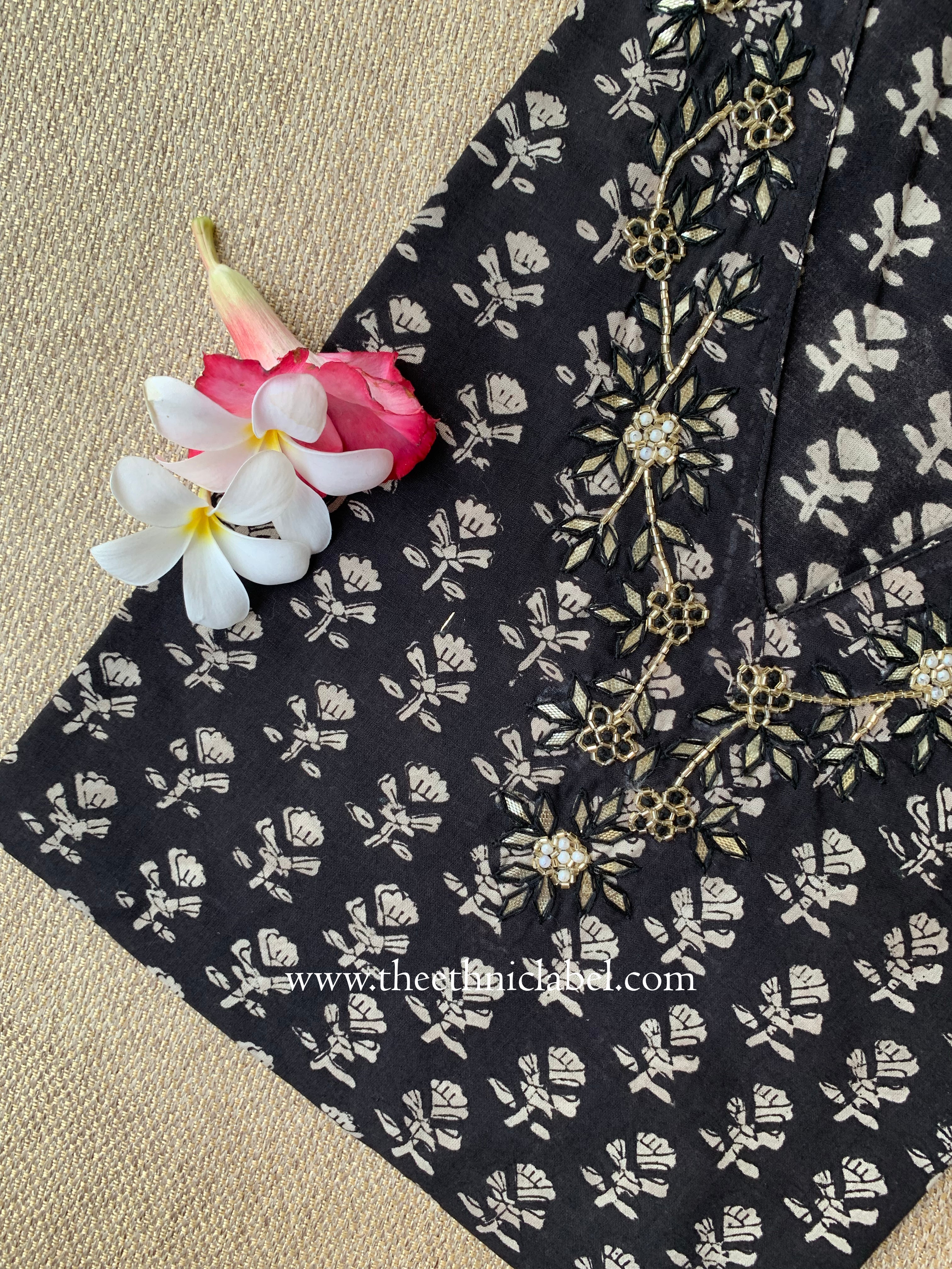 "Aamna" Hand Embroidered Block Printed Black Cotton kurta