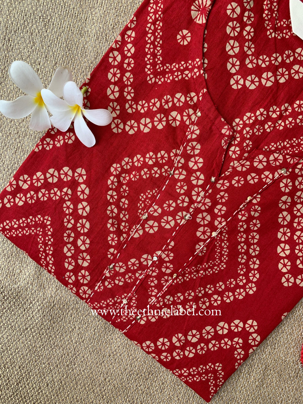 "Hanaya" Bandhani Red Kantha Cotton Kurta