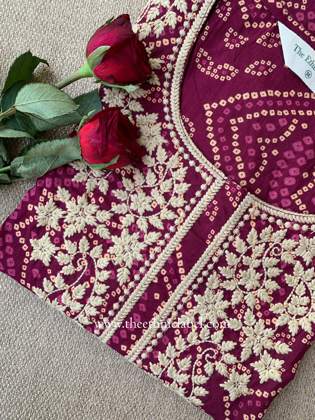"Rehza" Bandhani Magenta Embroidered Cotton Kurta