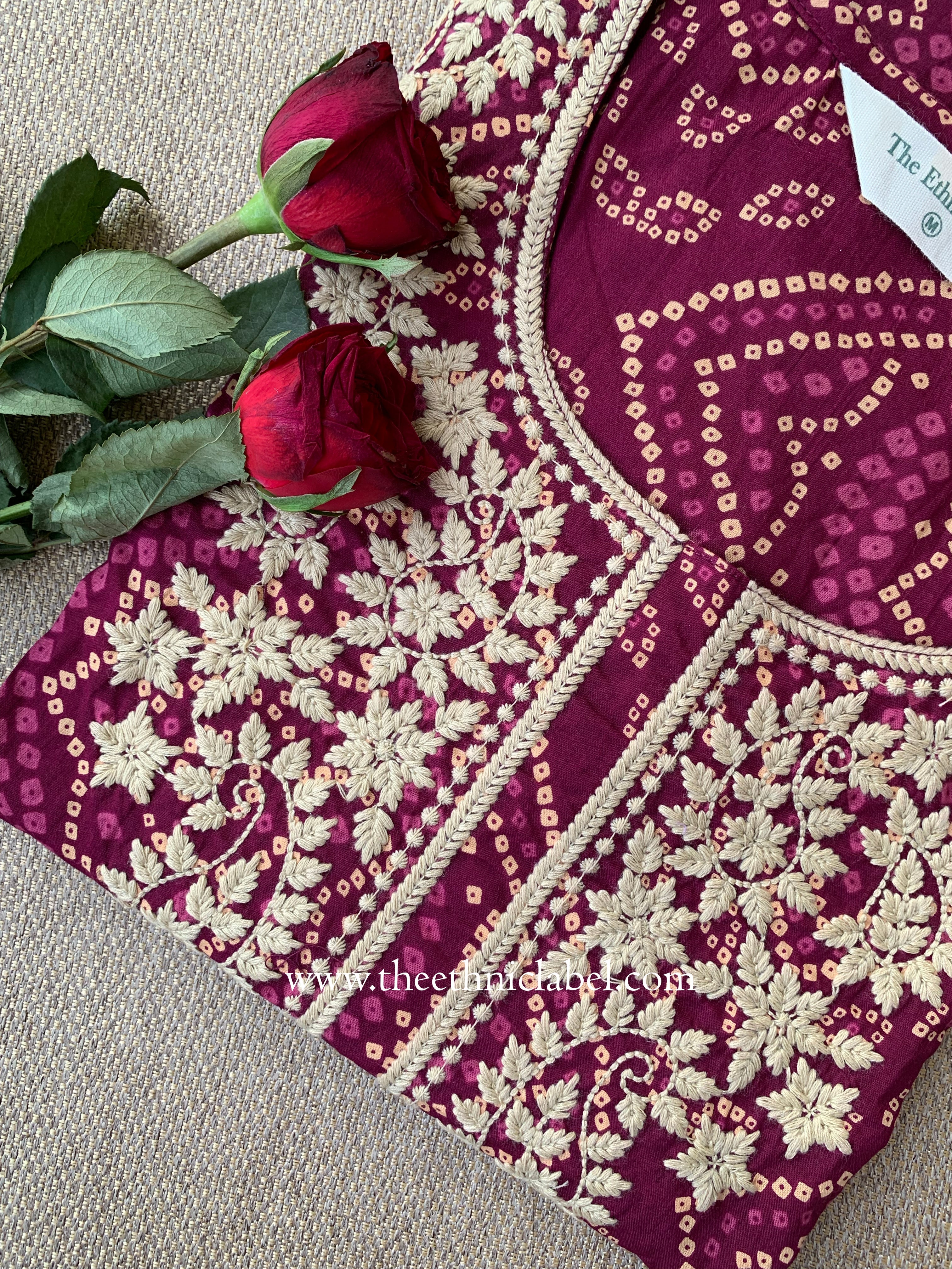 "Rehza" Bandhani Magenta Embroidered Cotton Kurta