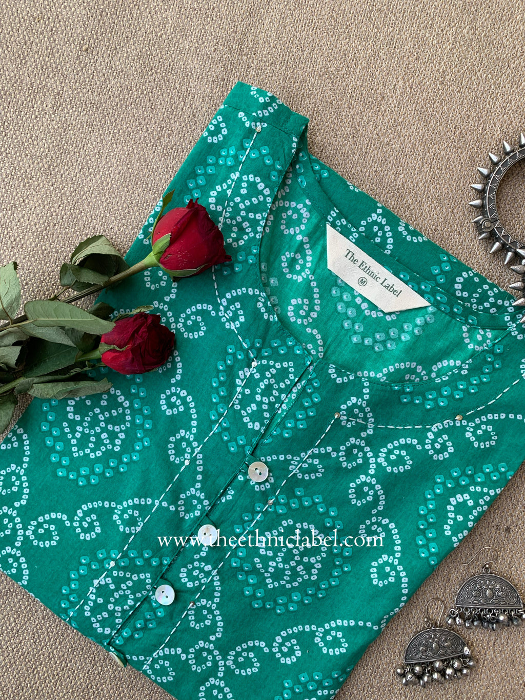 "Ratnali" Bandhani Green Kantha Cotton Kurta