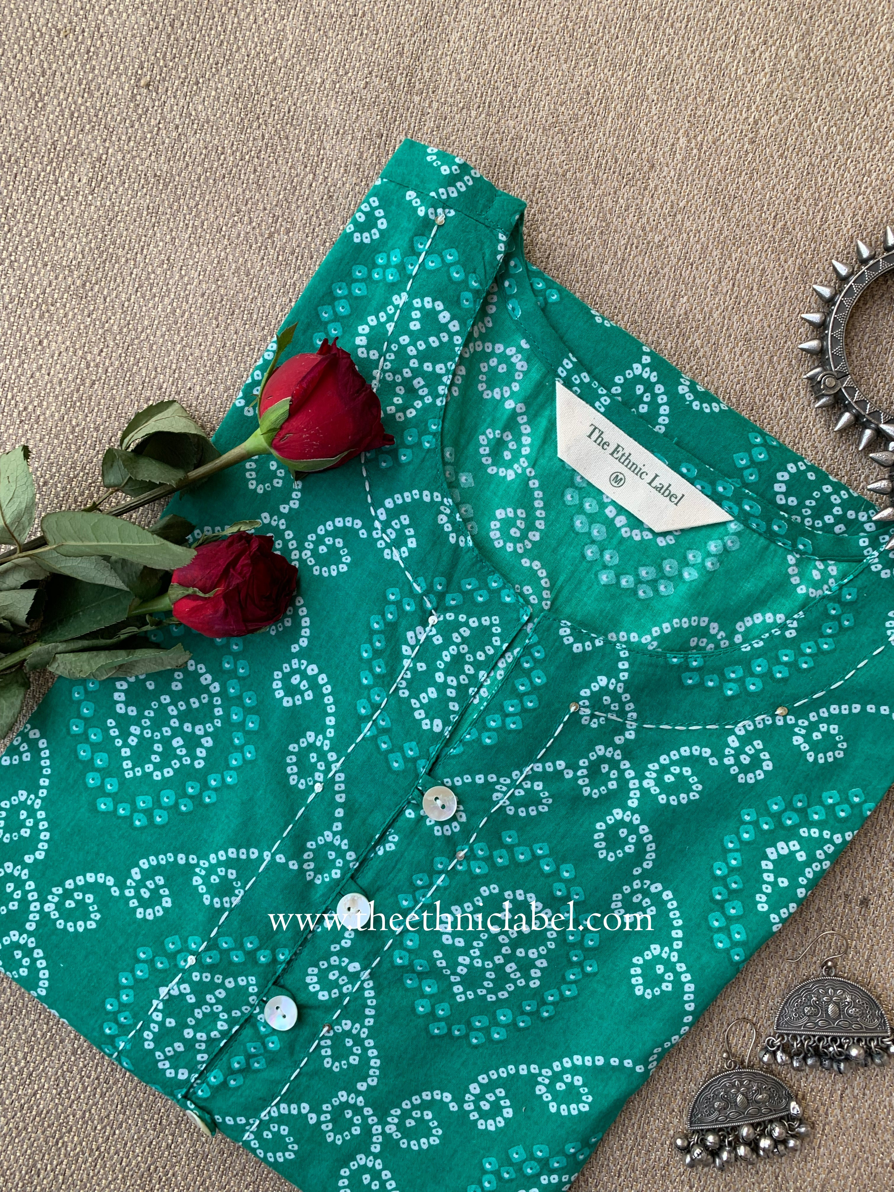 "Ratnali" Bandhani Green Kantha Cotton Kurta