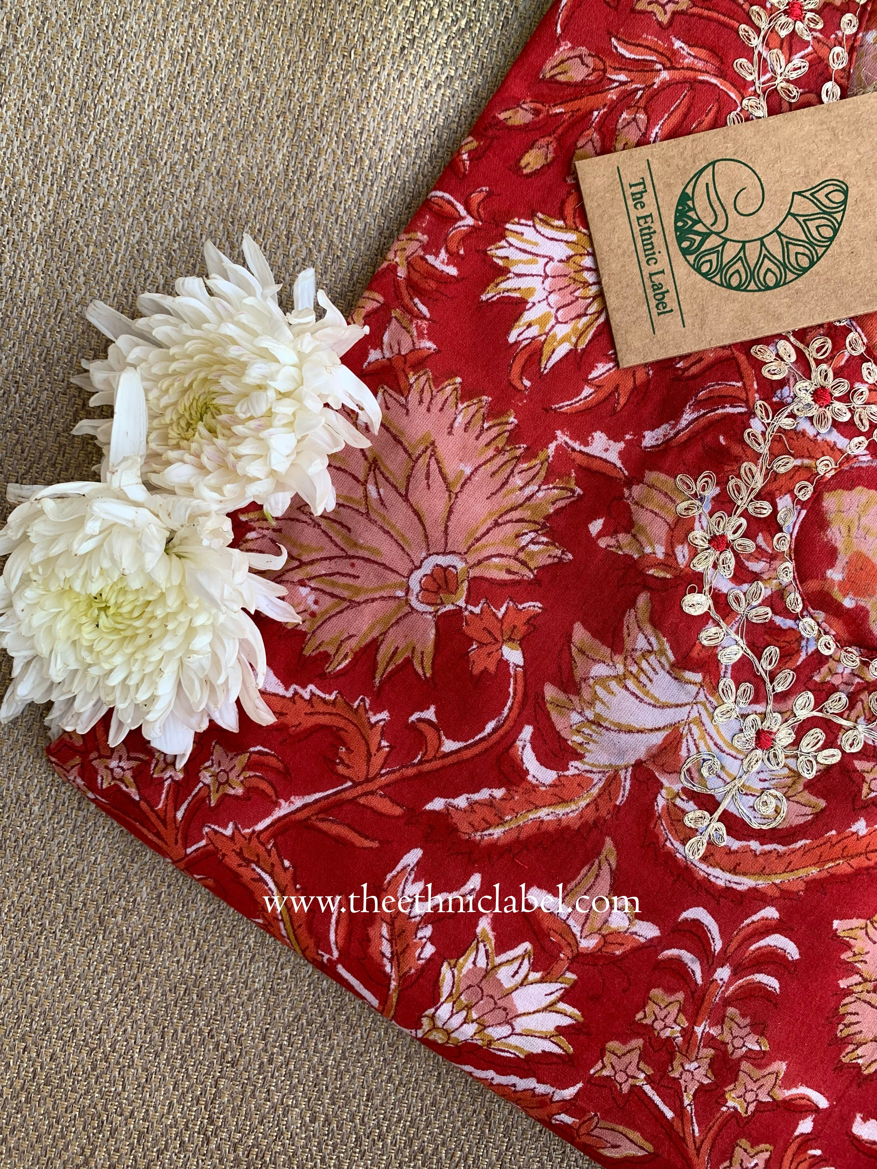 "Rihaa" Hand Block Printed Embroidered Cotton kurta